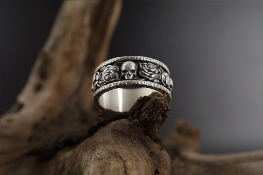 Skull and Roses Band Ring: Engraved Floral Gothic Band, Skull Men Engagement Ring, Roses Of Eternity Ring