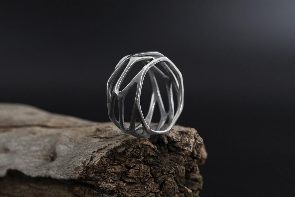 Gold Plated Perforated Wide Band Ring: Silver Geometric Statement Jewelry
