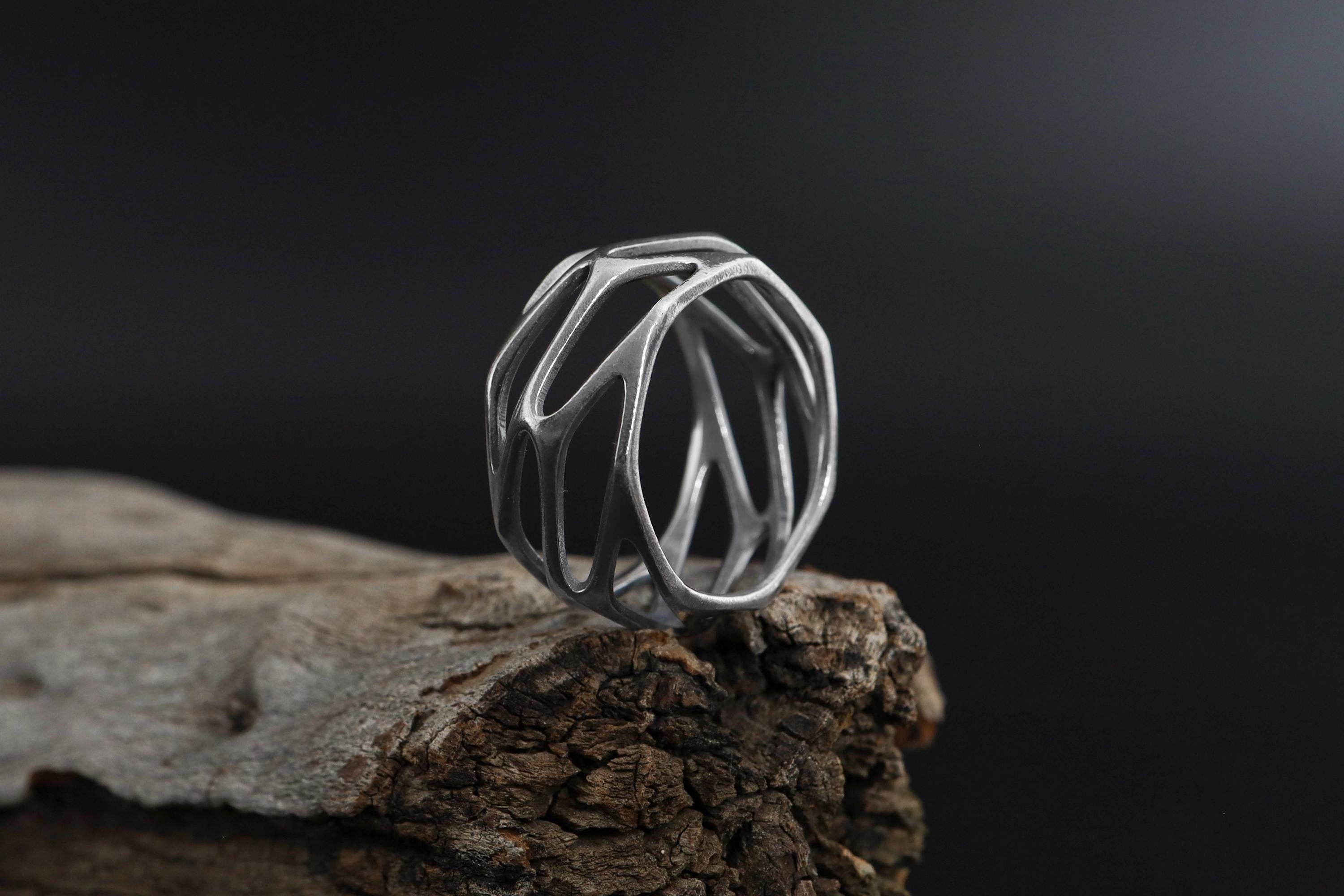 Gold Plated Perforated Wide Band Ring: Silver Geometric Statement Jewelry