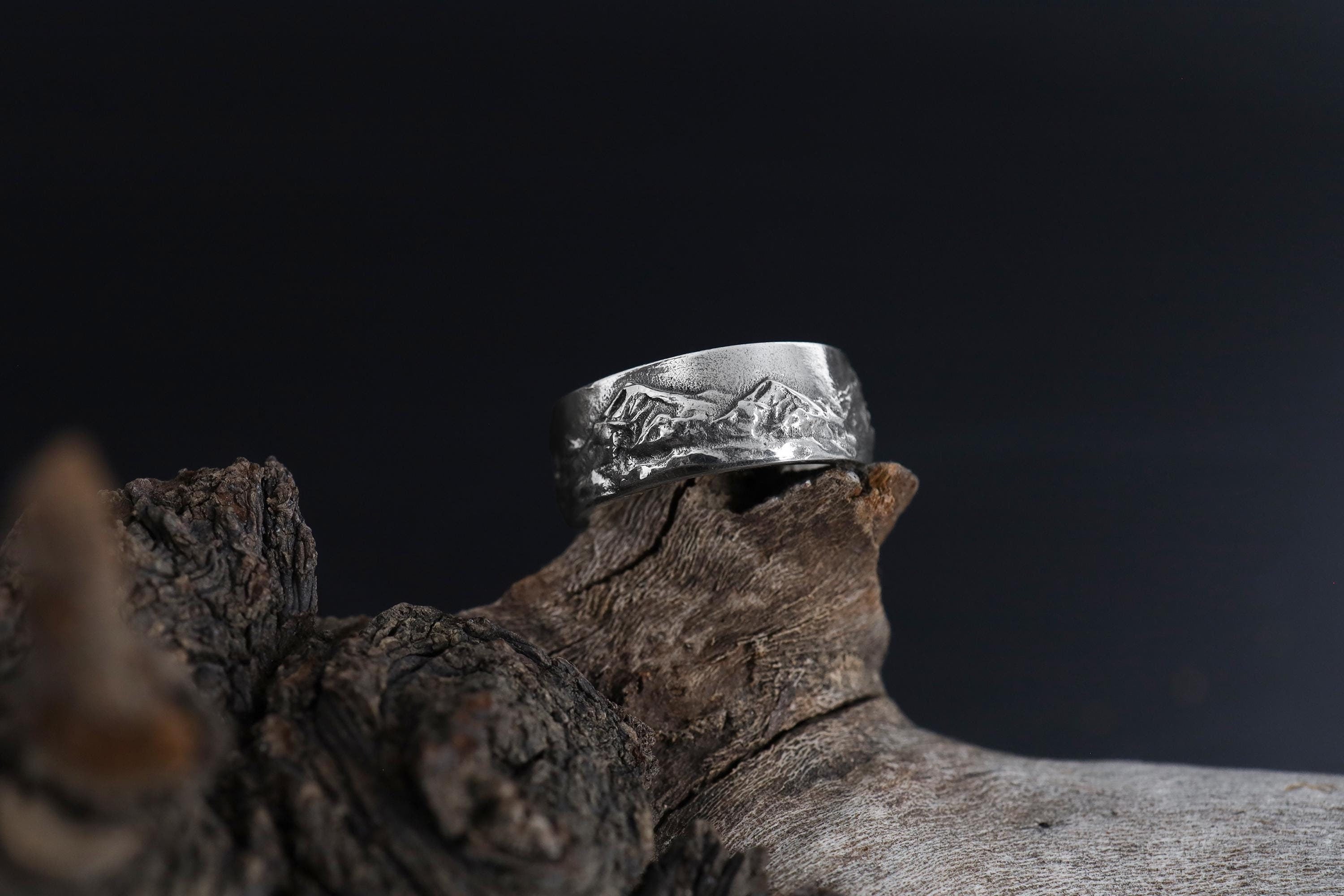 Mountain Range Band Ring: Men Unique Wedding Band, Men Engraved Engagement Ring, Anniversary Natural Ring