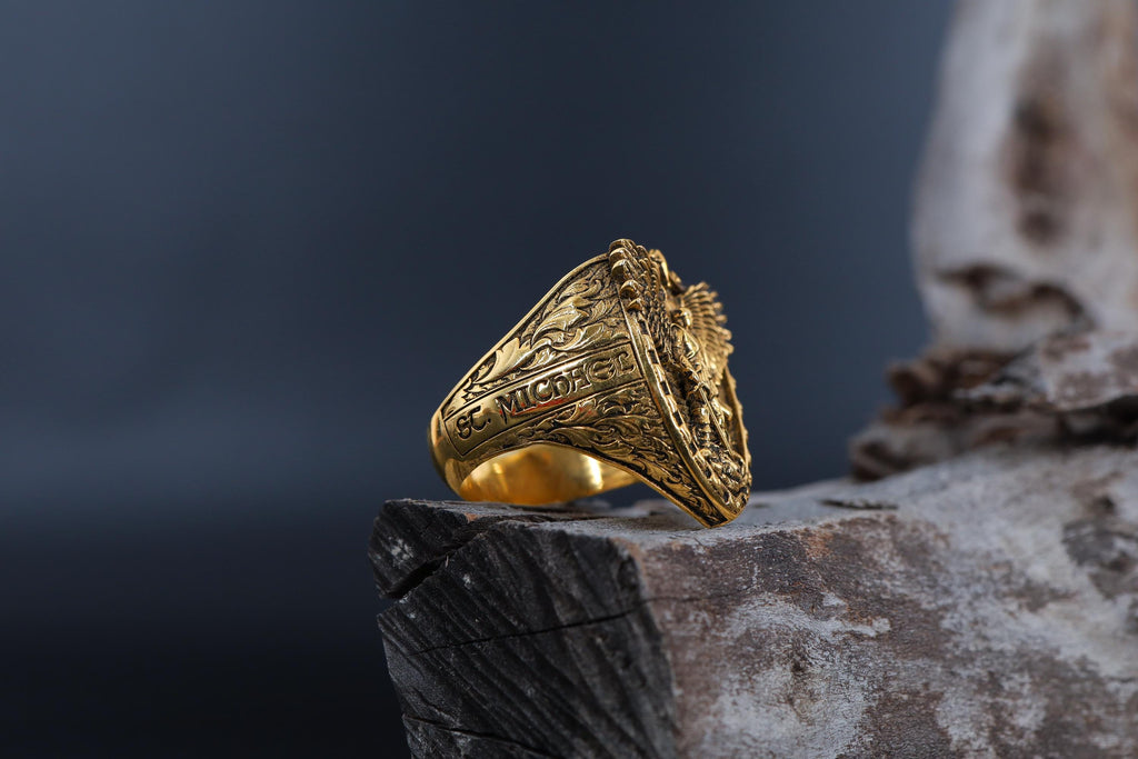 14K Solid Gold Archangel Michael Ring: Saint Protection Christian Jewelry
