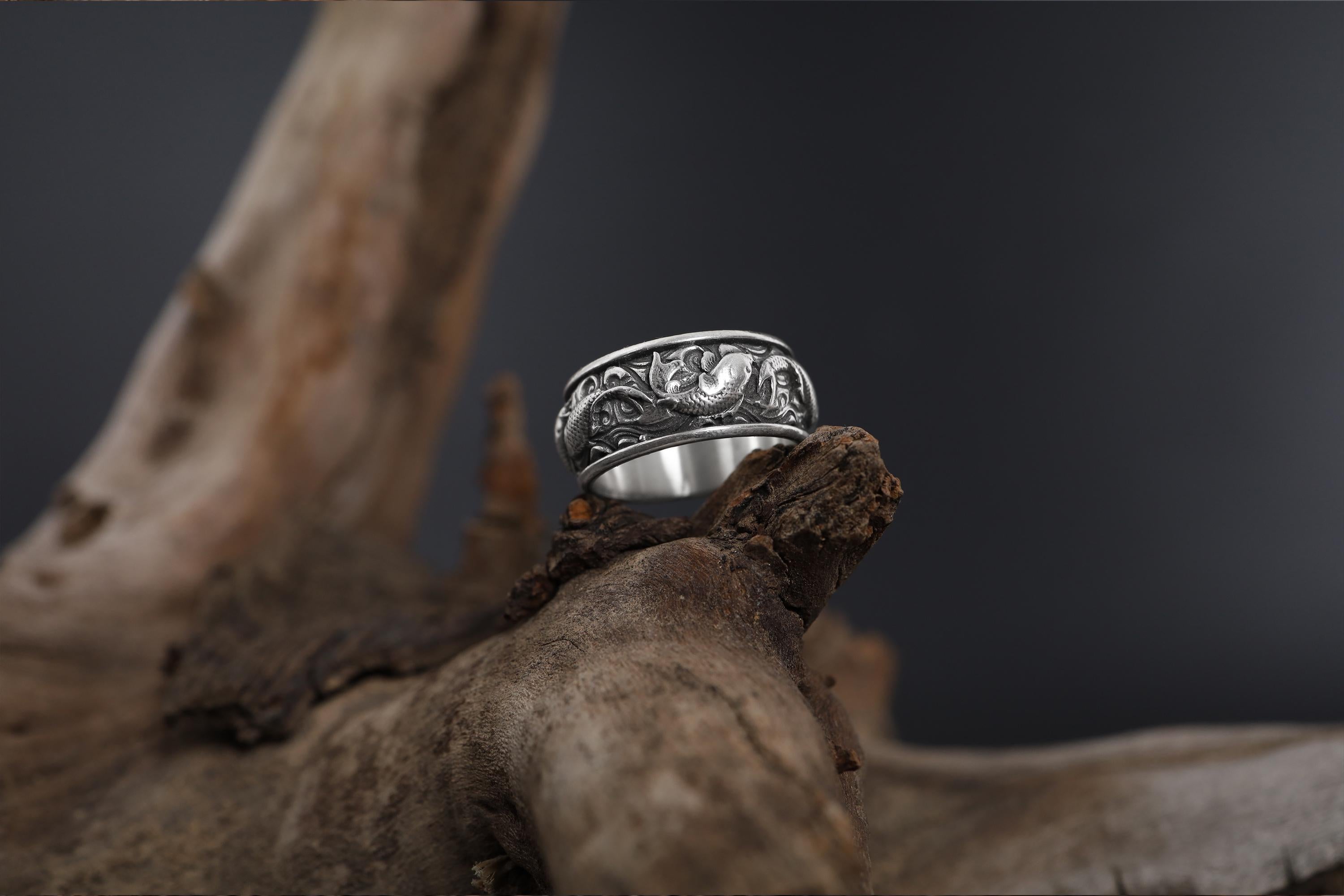 Gold Plated Koi Carp Ring: Japanese Engraved Band, Men's Statement Jewelry