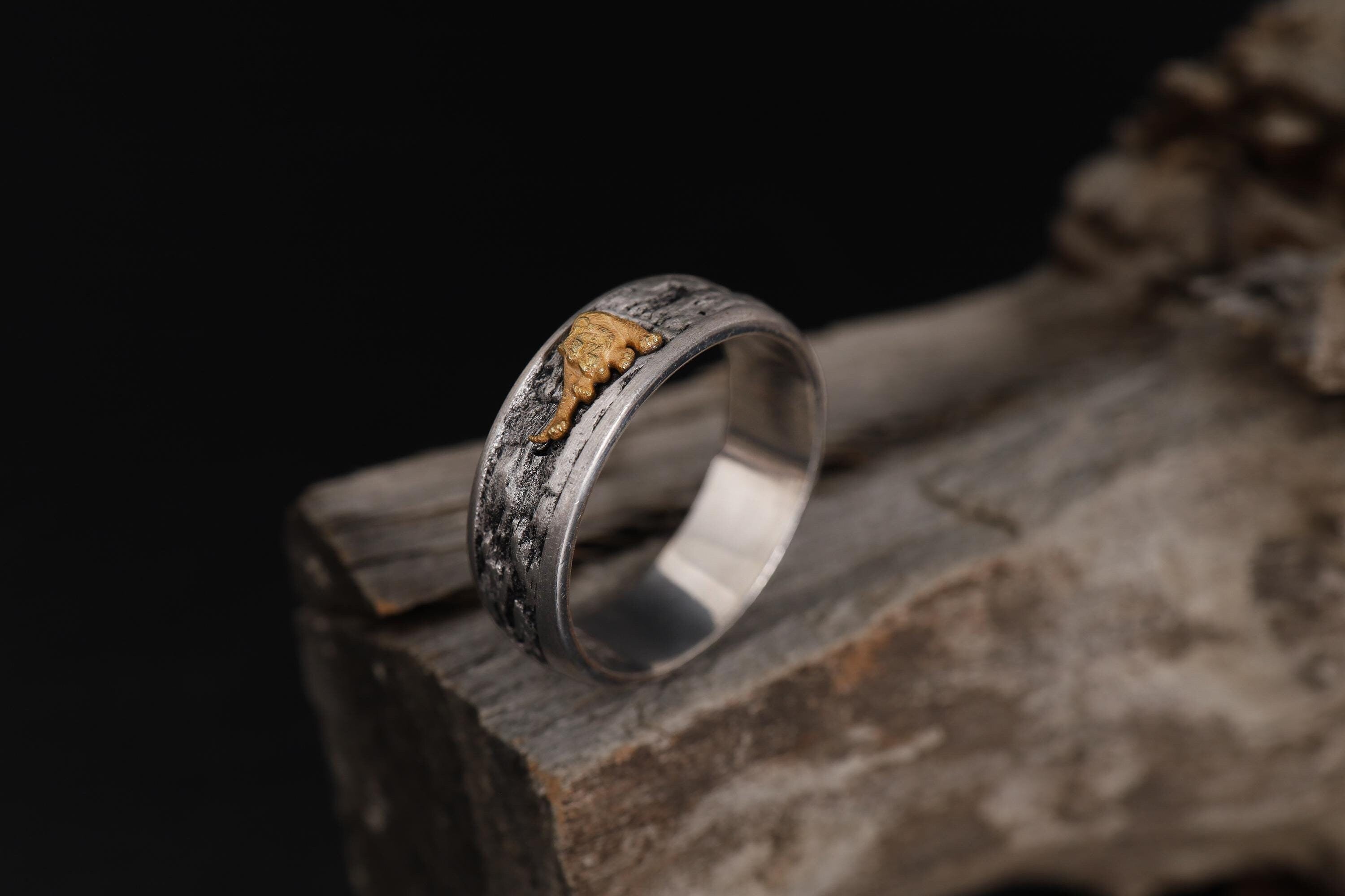Engraved Rhodium Plated Tiger Ring: Wild Cat Jewelry,  Men's Statement Band