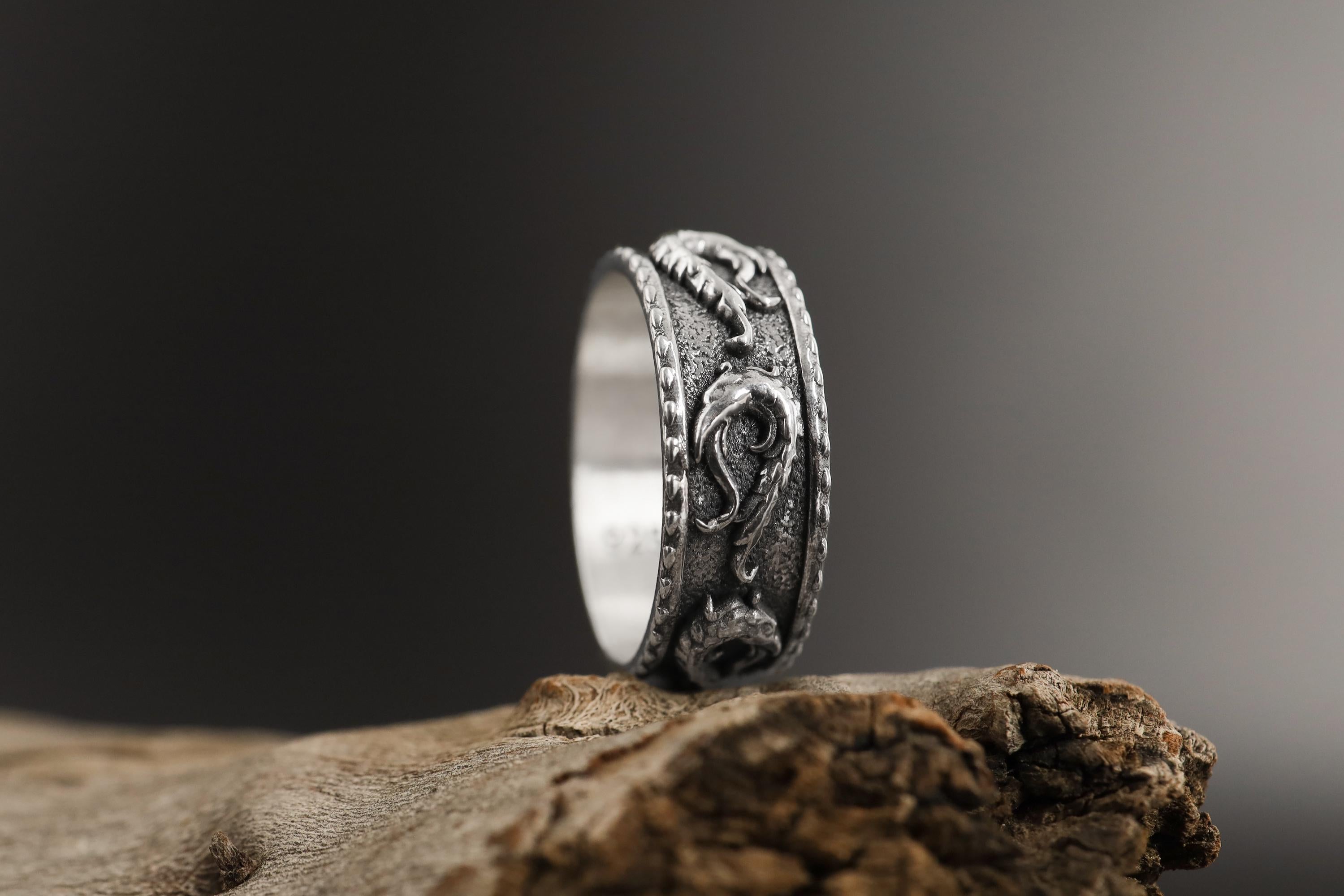 Sterling Silver Wind Band Ring: Wide Band Floral Ring, Nature Inspired Band Ring for Men, Wedding Band Men