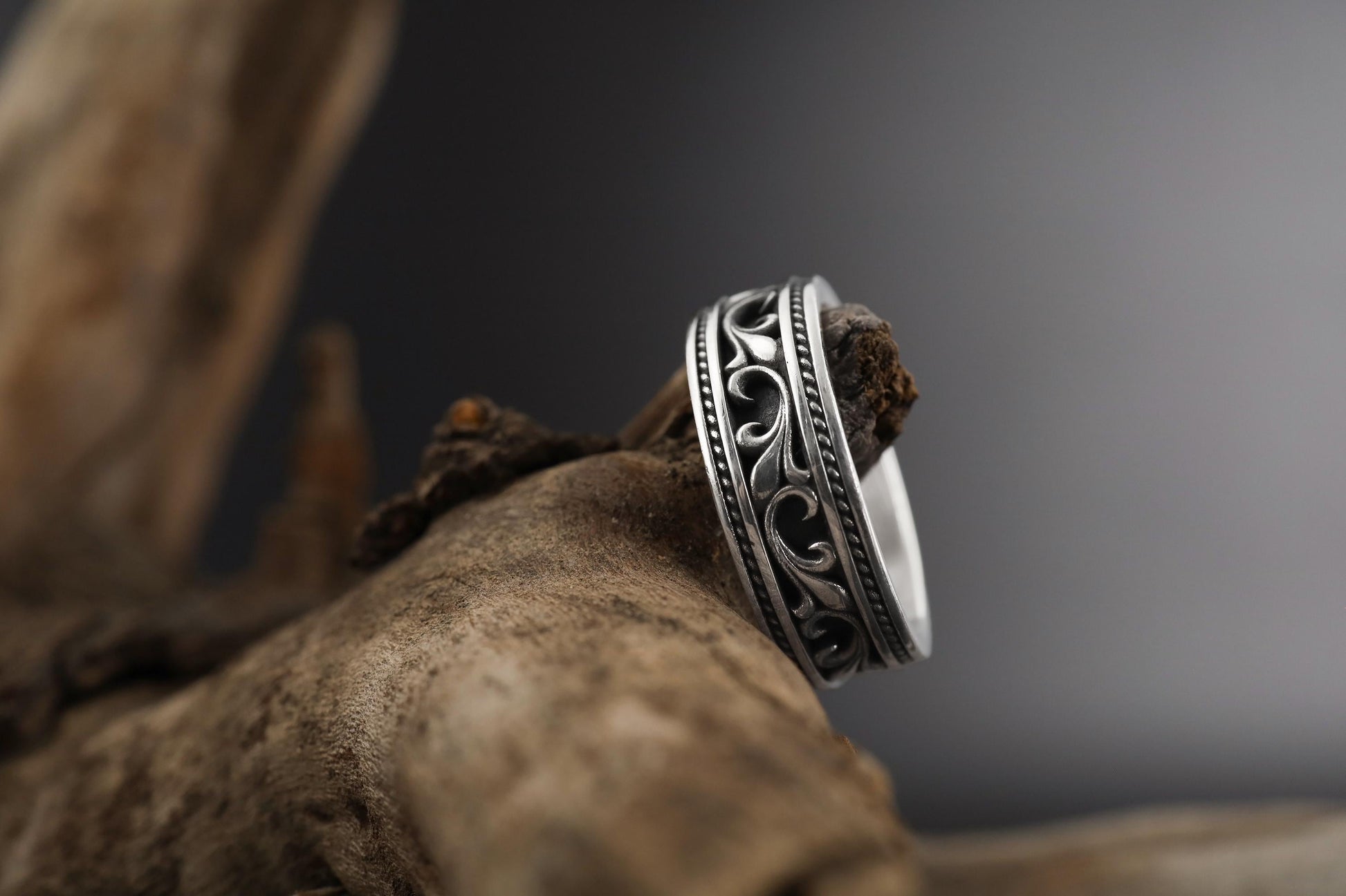 Men's Victorian Floral Band Ring, Engraved Wedding Band, Medieval Filigree Jewelry