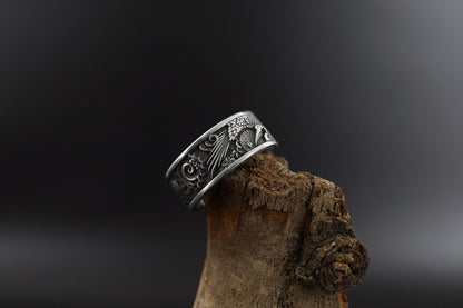 Sterling Silver Japanese Sun Crane Band Ring: Cultural Symbolic Jewelry