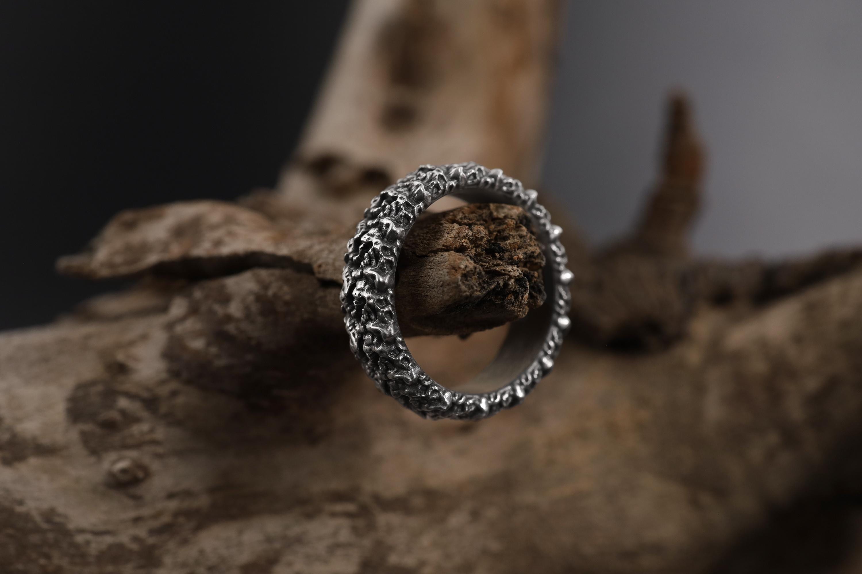 Gold Plated Asymmetric Band Ring: Silver Textured Wide Wedding Band, Unique Men's Jewelry