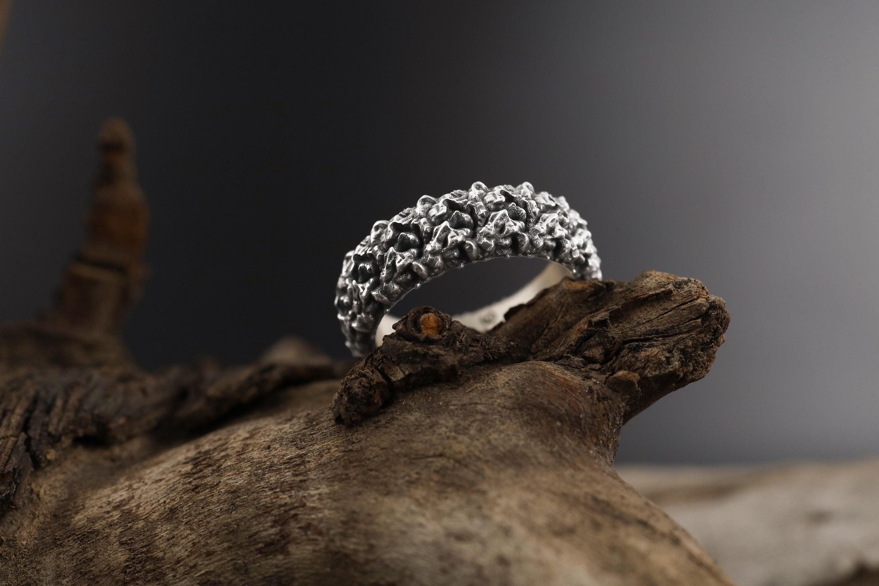 Gold Plated Asymmetric Band Ring: Silver Textured Wide Wedding Band, Unique Men's Jewelry