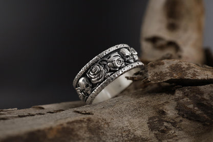 Sterling Silver Skull Roses Band Ring: Gothic Biker Punk Statement Jewelry