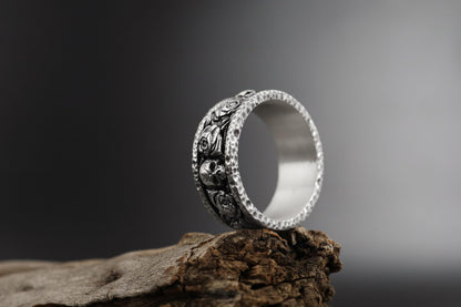 Sterling Silver Skull Roses Band Ring: Gothic Biker Punk Statement Jewelry