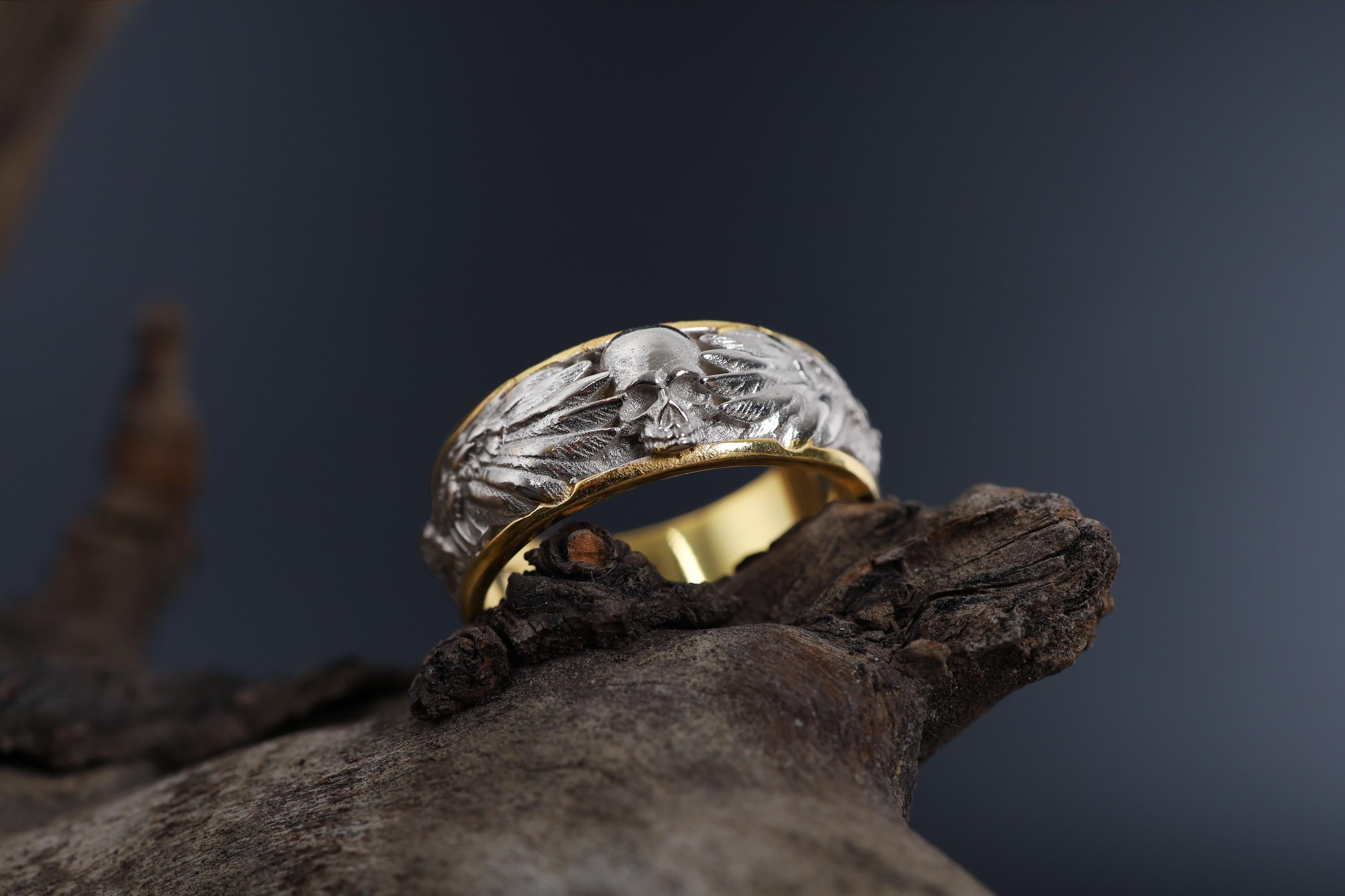 Sterling Silver Raven Skull Ring: Viking Gothic Men's Band, Dark Symbolic Jewelry
