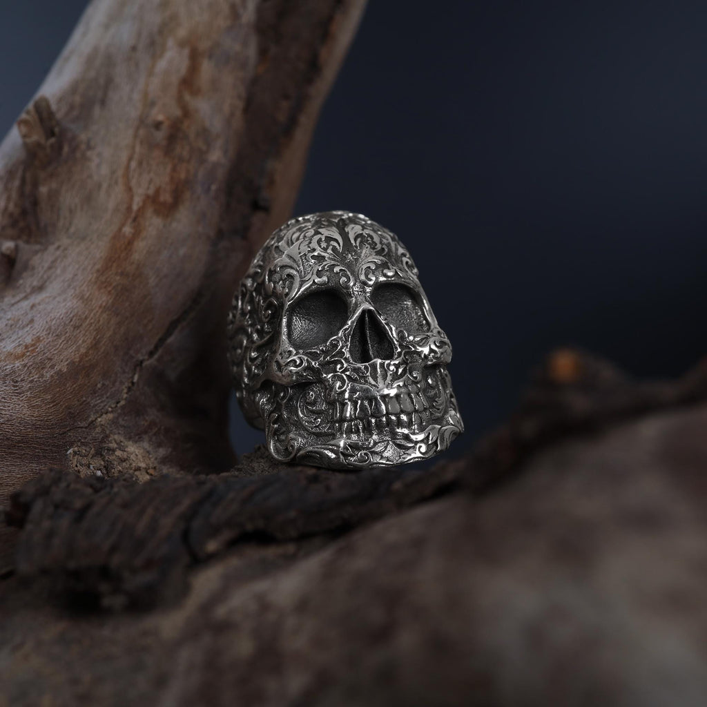 Floral Skull Sterling Silver Ring, Gothic Baroque Design, Handmade