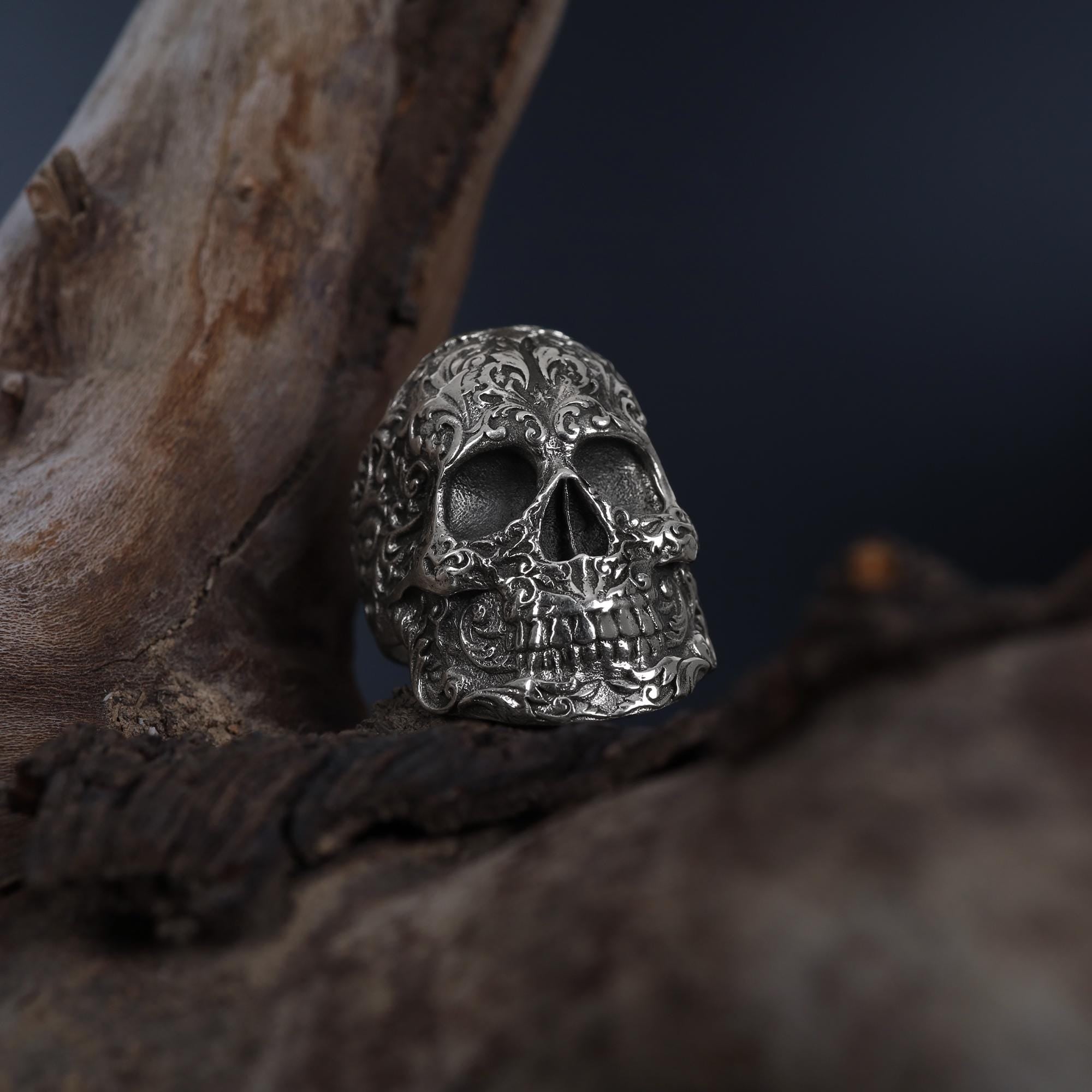 Floral Skull Sterling Silver Ring, Gothic Baroque Design, Handmade