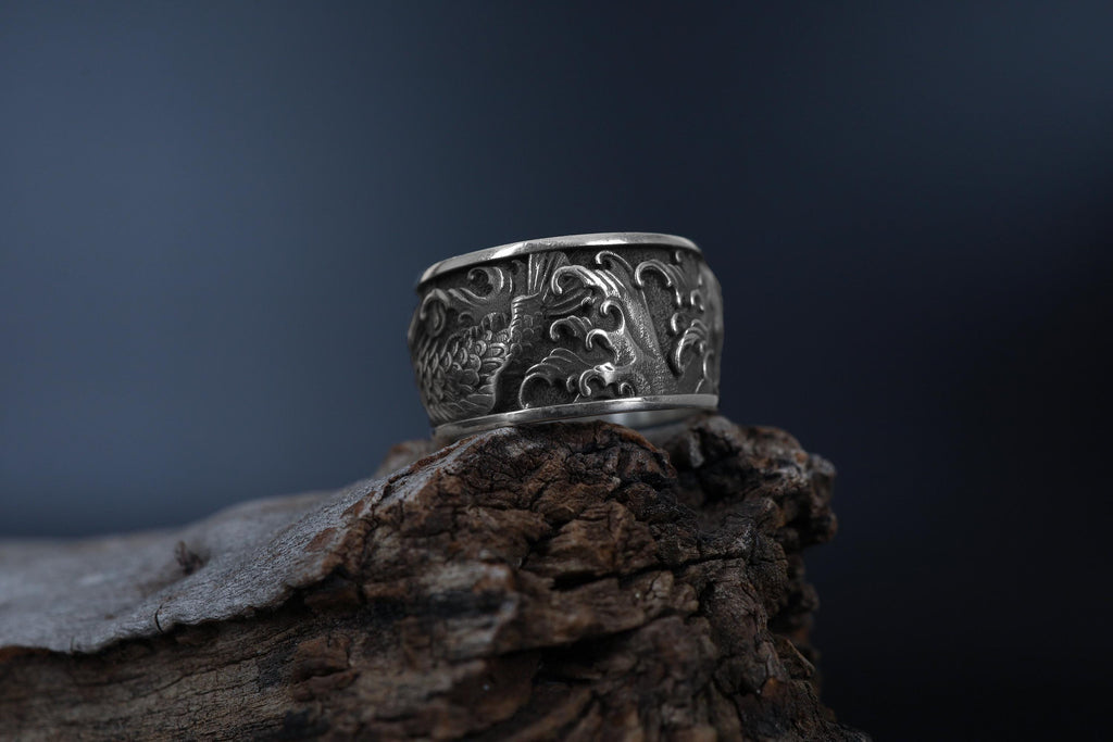 Handmade 925 Sterling Silver Koi Fish Band Ring: Japanese Statement Jewelry