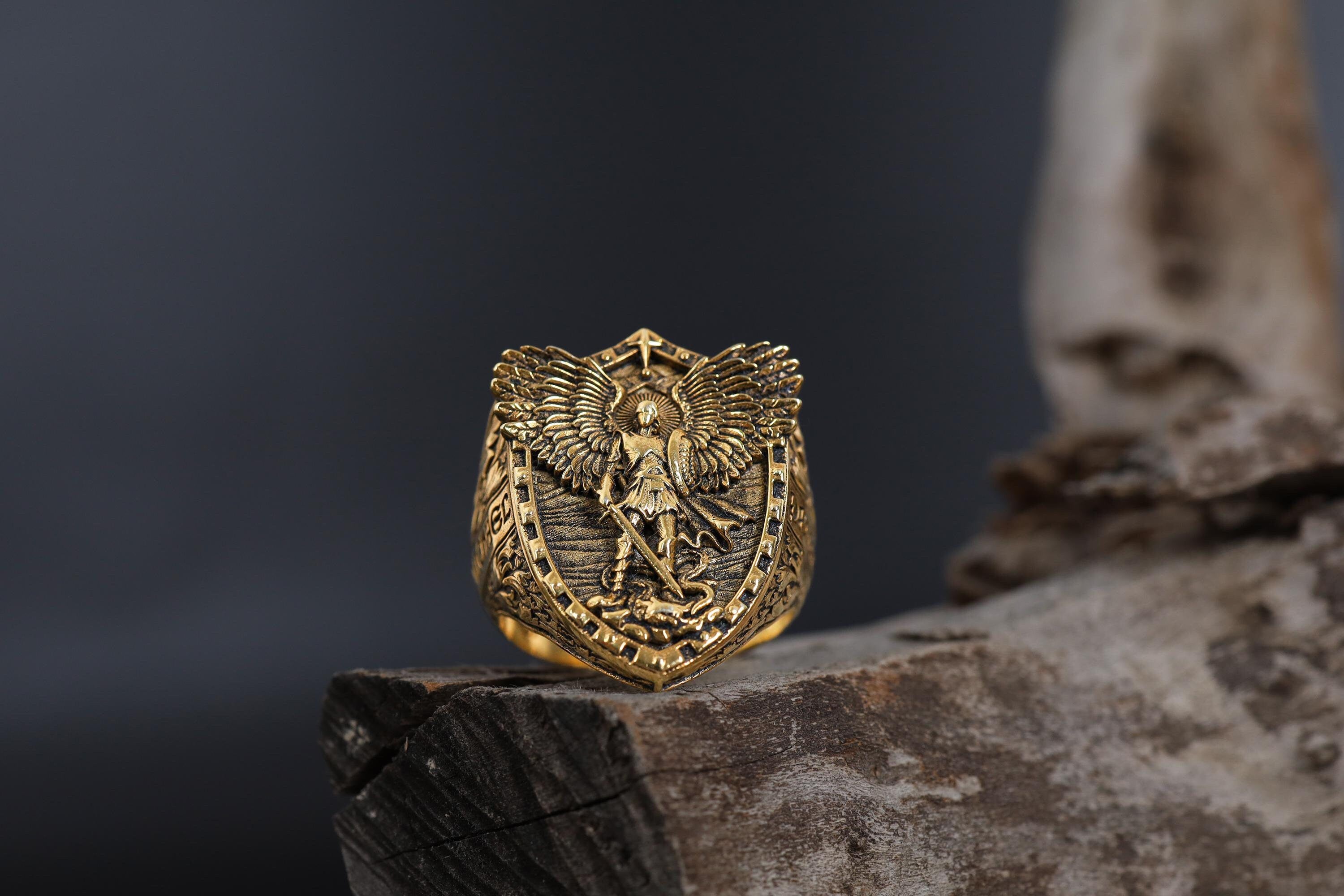 14K Solid Gold Archangel Michael Ring: Saint Protection Christian Jewelry