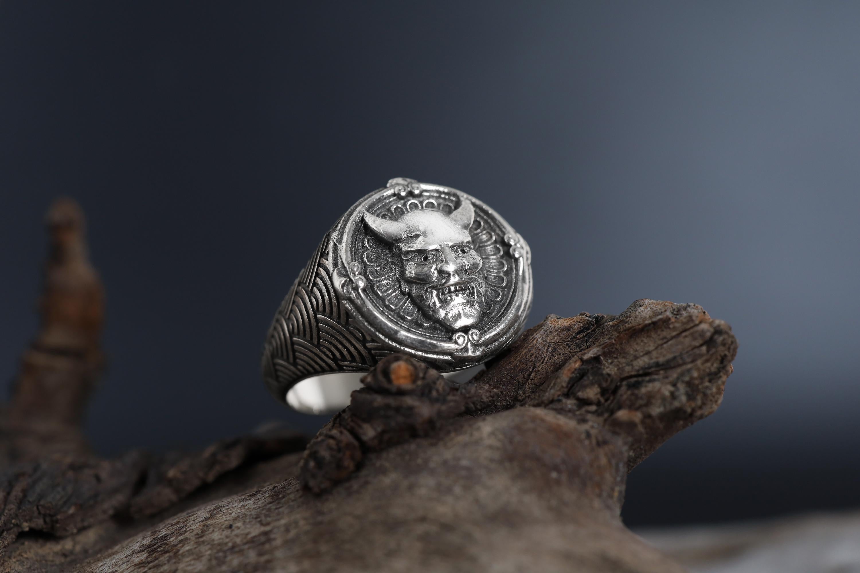 Handmade Sterling Silver Hannya Mask Ring: Japanese Oni Demon