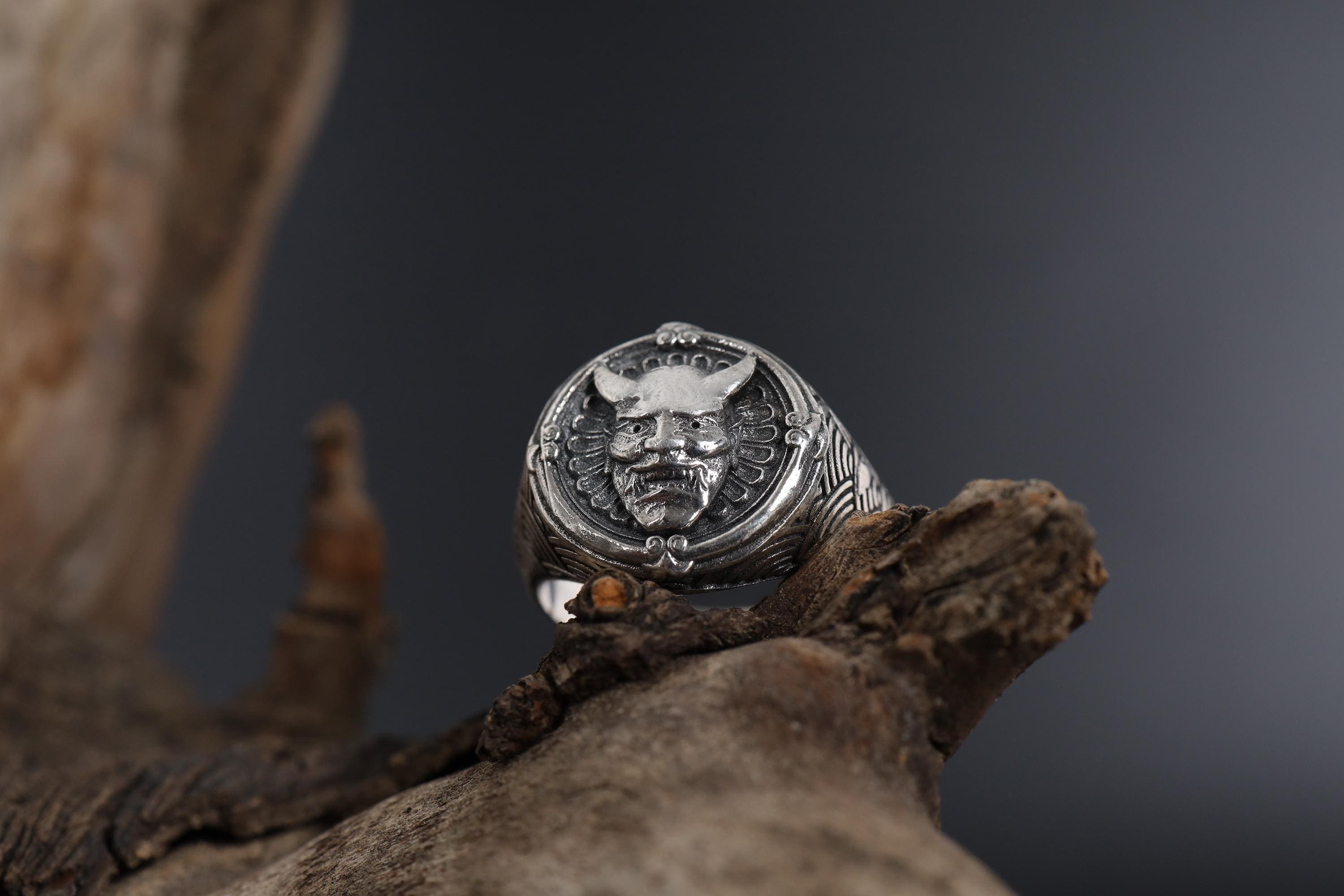 Handmade Sterling Silver Hannya Mask Ring: Japanese Oni Demon