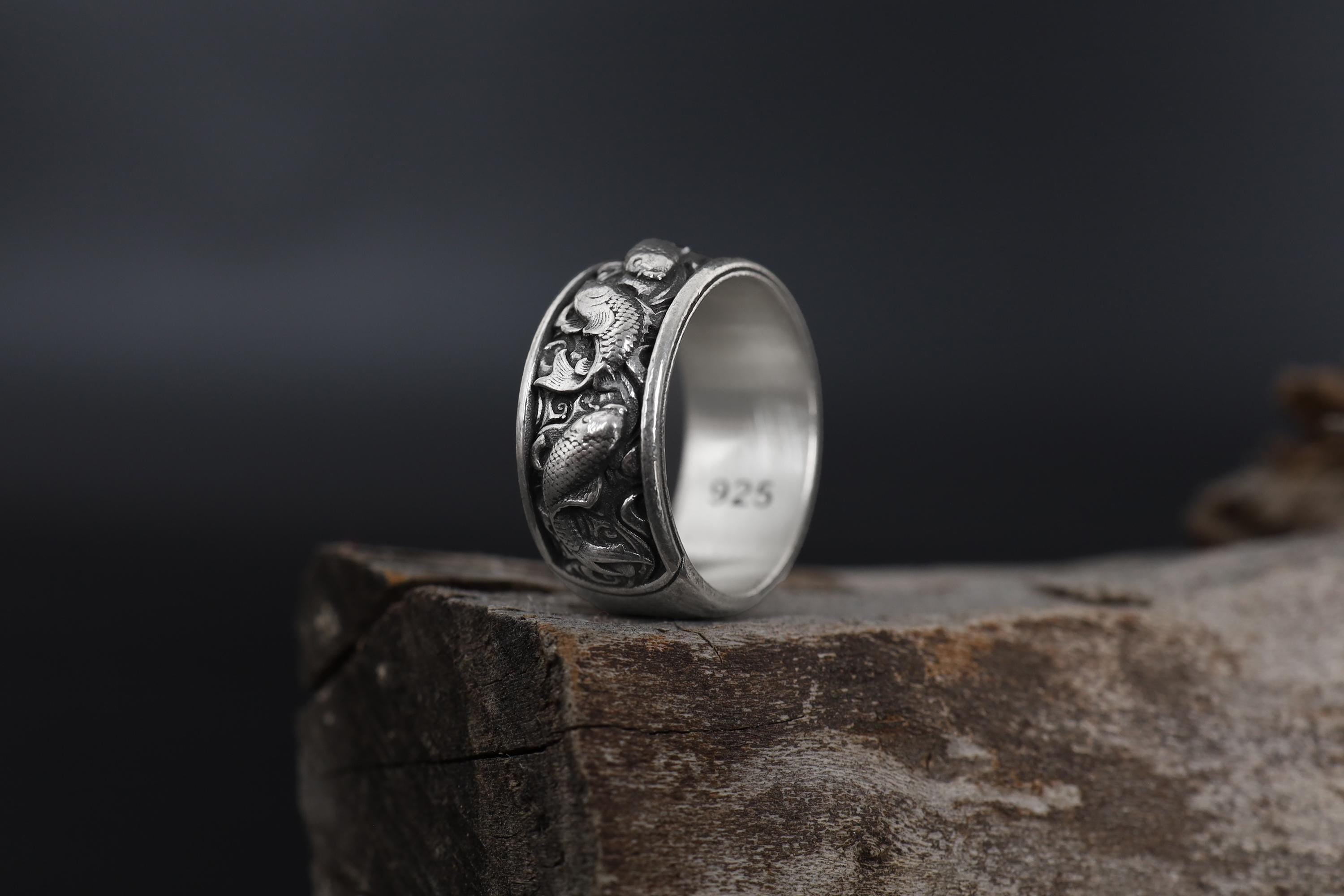 Gold Plated Koi Carp Ring: Japanese Engraved Band, Men's Statement Jewelry