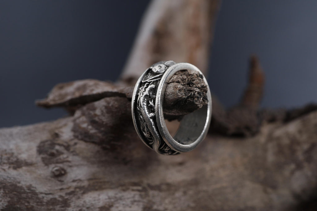 Handmade Sterling Silver Dragon Koi Ring: Engraved Wide Band