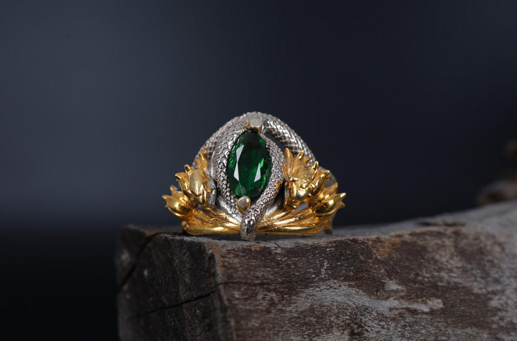 Gold Plated Sterling Silver Snake Ring: Green Gemstone Flower Design