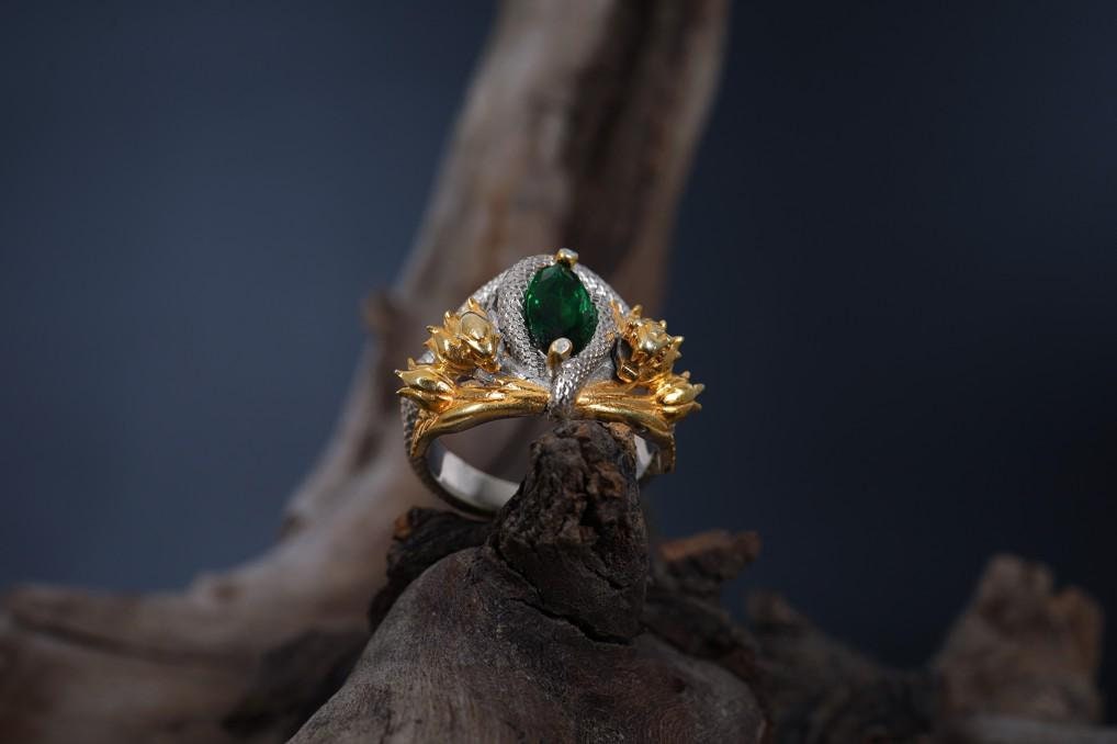 Gold Plated Sterling Silver Snake Ring: Green Gemstone Flower Design