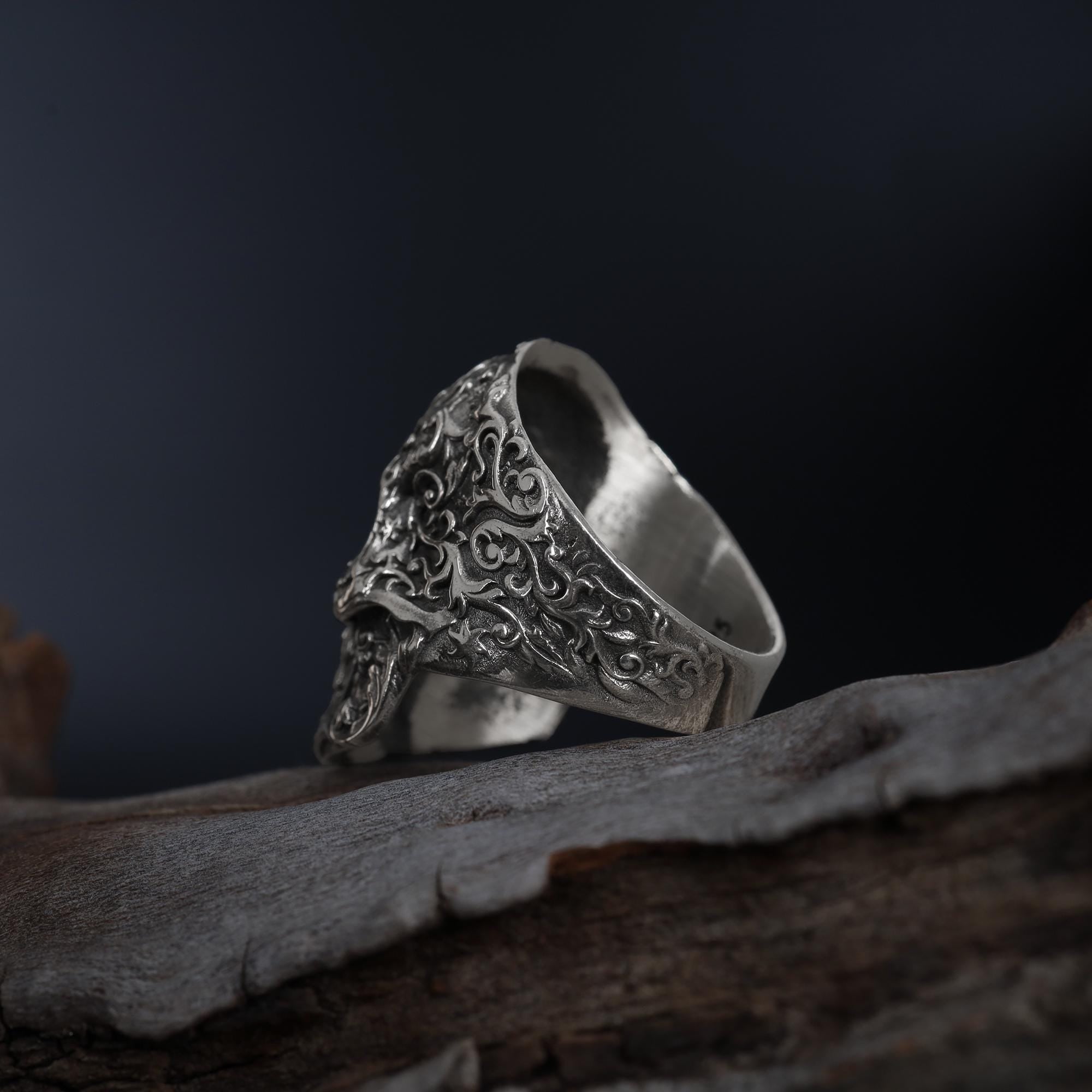 Floral Skull Sterling Silver Ring, Gothic Baroque Design, Handmade