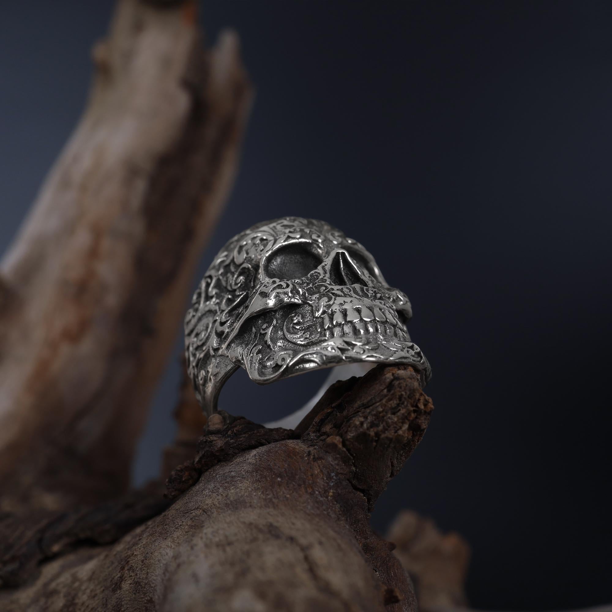 Floral Skull Sterling Silver Ring, Gothic Baroque Design, Handmade