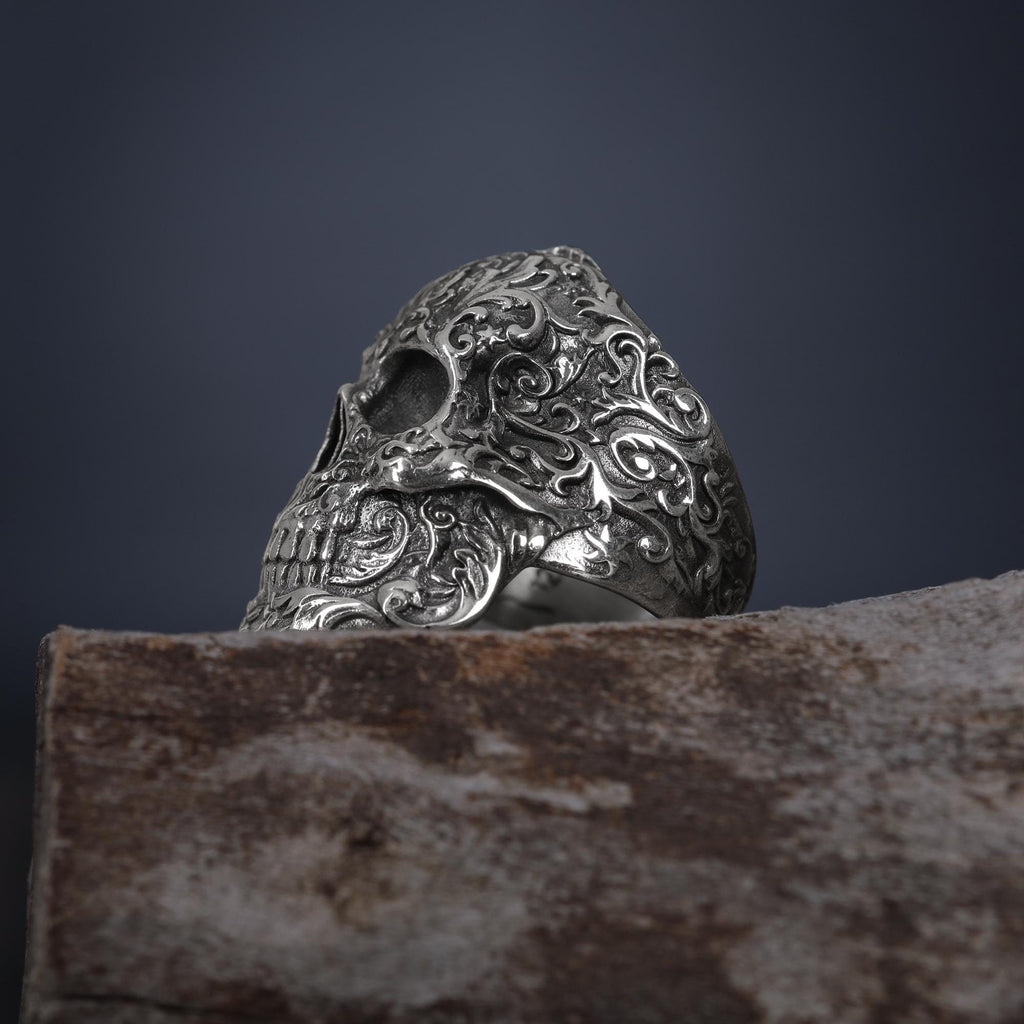 Floral Skull Sterling Silver Ring, Gothic Baroque Design, Handmade