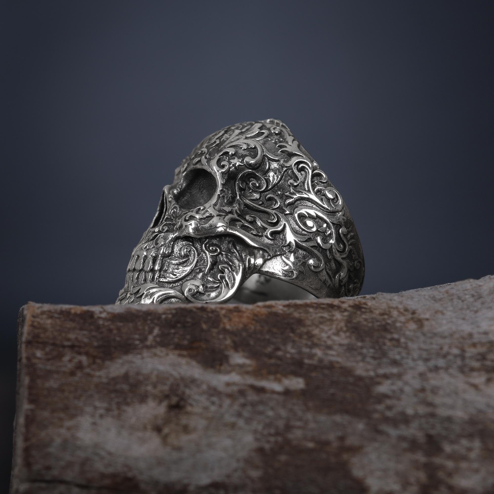 Floral Skull Sterling Silver Ring, Gothic Baroque Design, Handmade