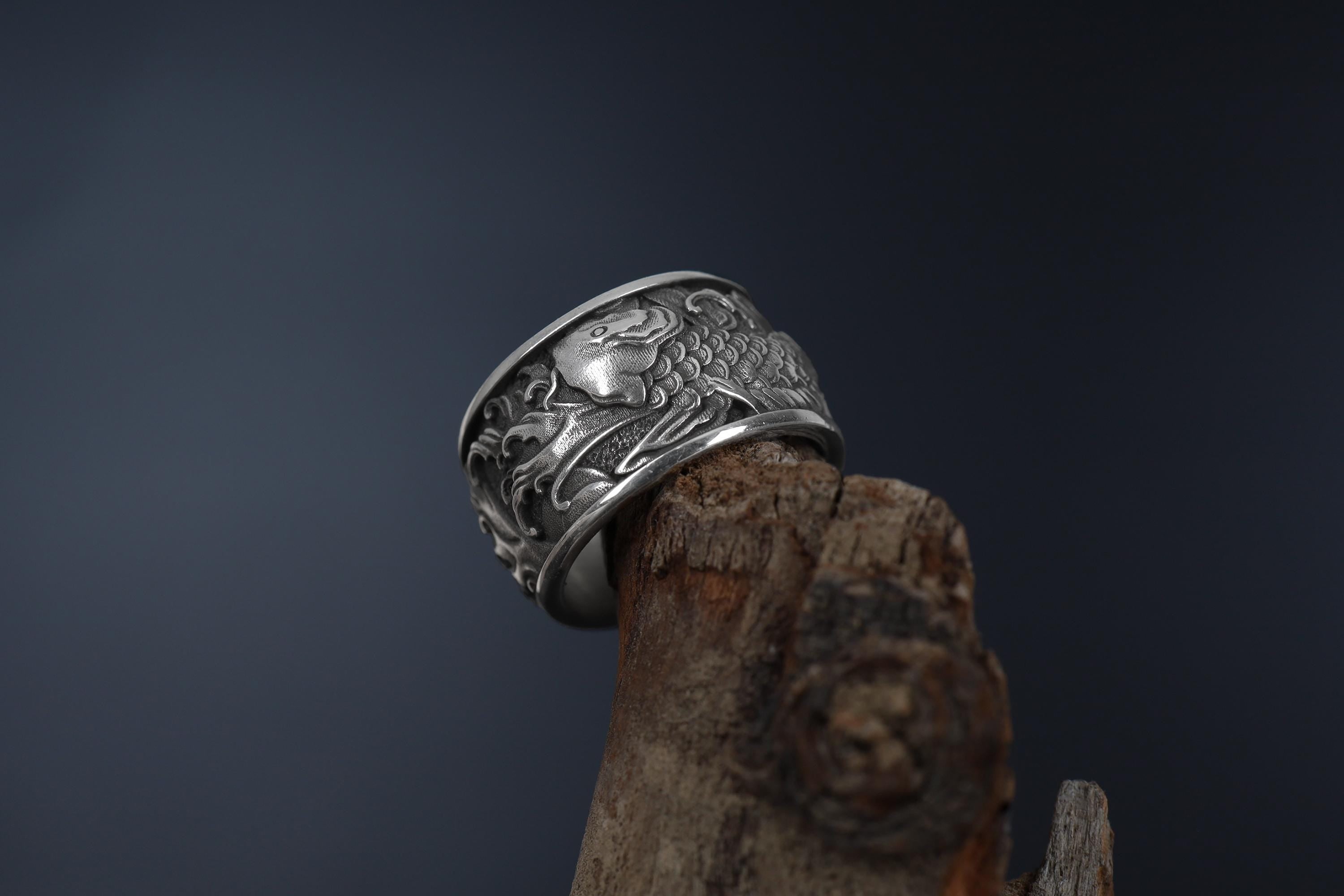 Handmade 925 Sterling Silver Koi Fish Band Ring: Japanese Statement Jewelry