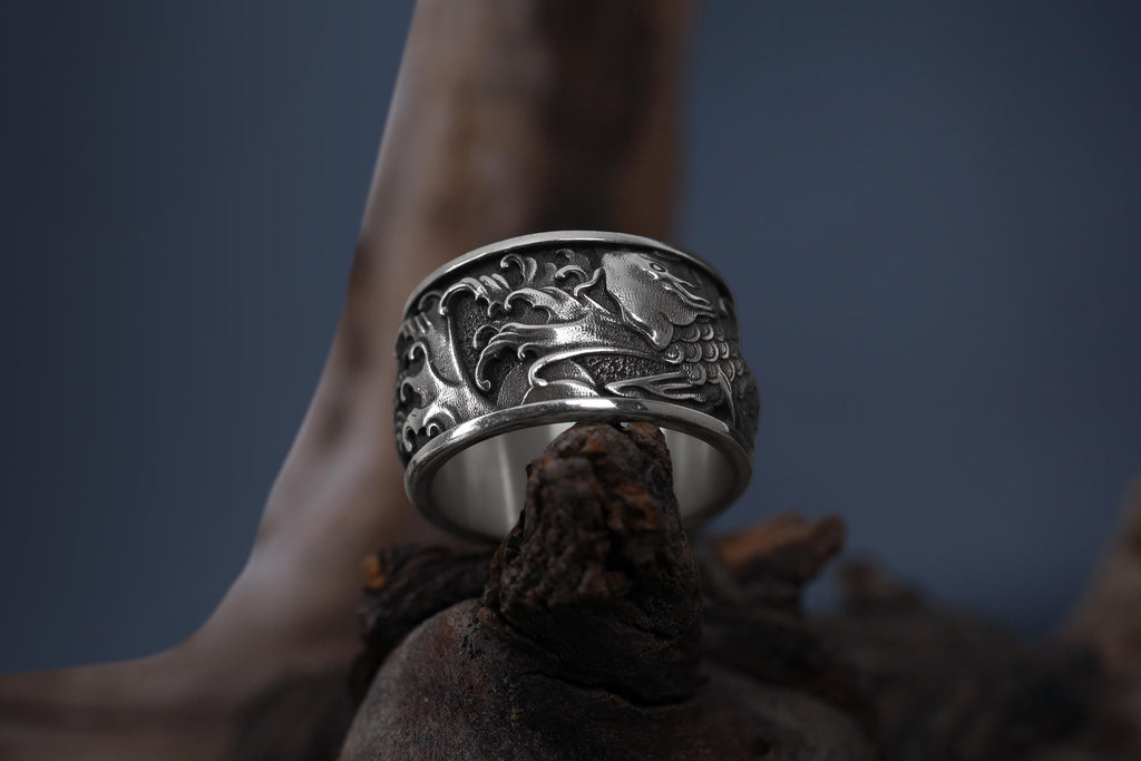 Handmade 925 Sterling Silver Koi Fish Band Ring: Japanese Statement Jewelry