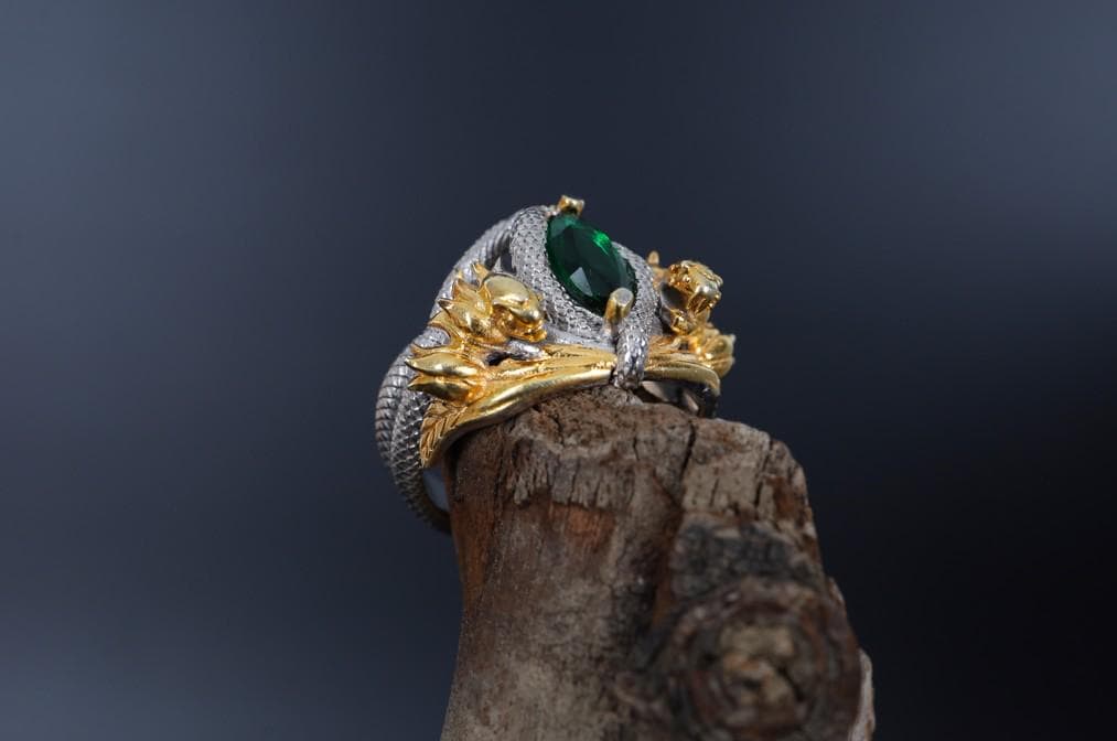 Gold Plated Sterling Silver Snake Ring: Green Gemstone Flower Design