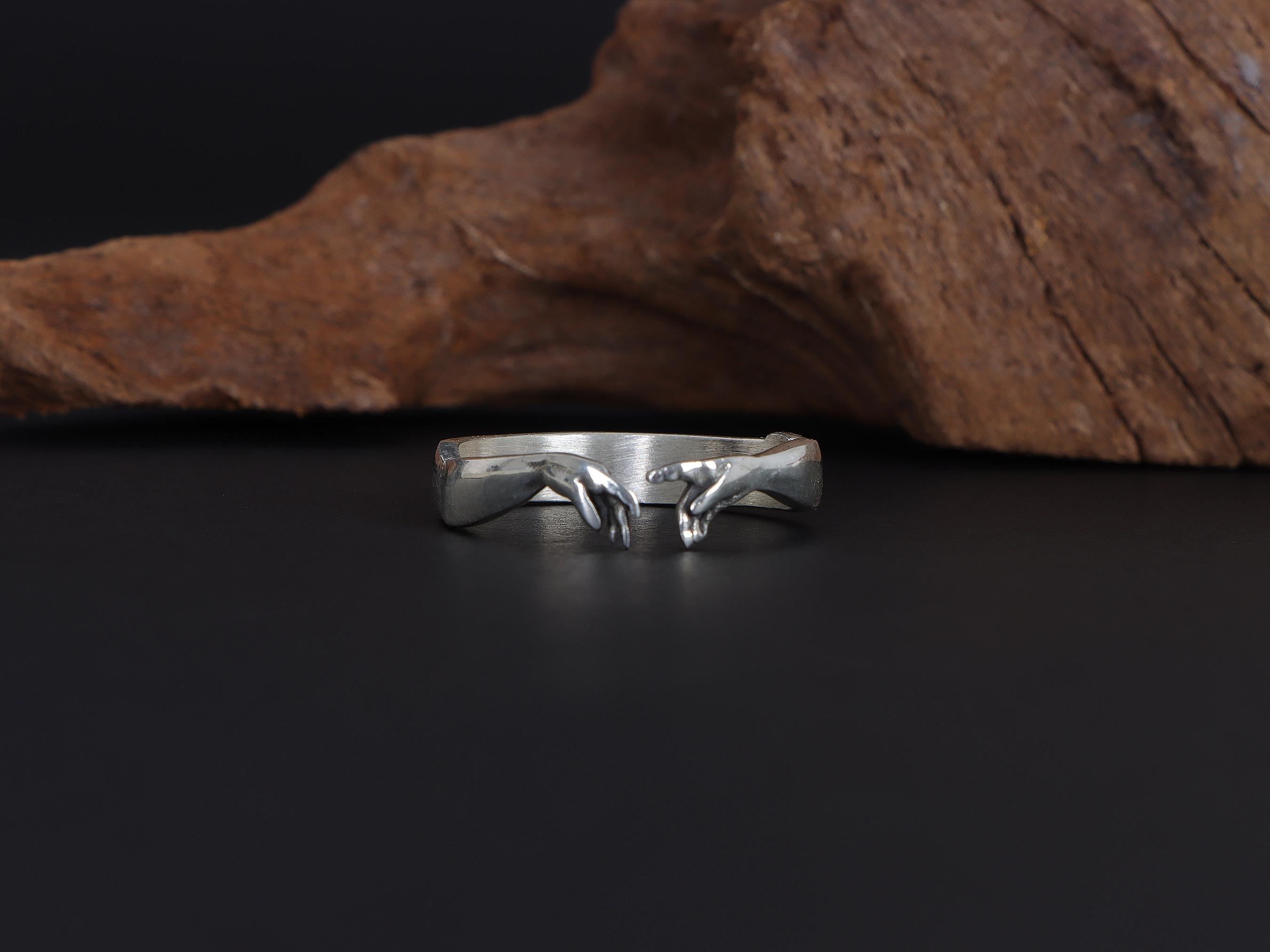 Gold Plated Hand of God Ring: Michelangelo's Creation of Adam Band, Giving Life to Adam Jewelry