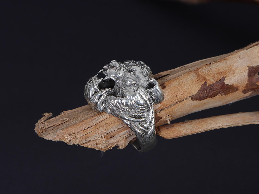 Roaring tiger head ring, sterling silver fierce statement jewelry, symbolic tiger signet band, and handcrafted bold accessory designed for those who are drawn to strength, courage, independence, and untamed energy. This striking ring features a detailed roaring tiger head motif framed within a bold statement structure, creating a look that feels wild, fearless, and deeply symbolic.