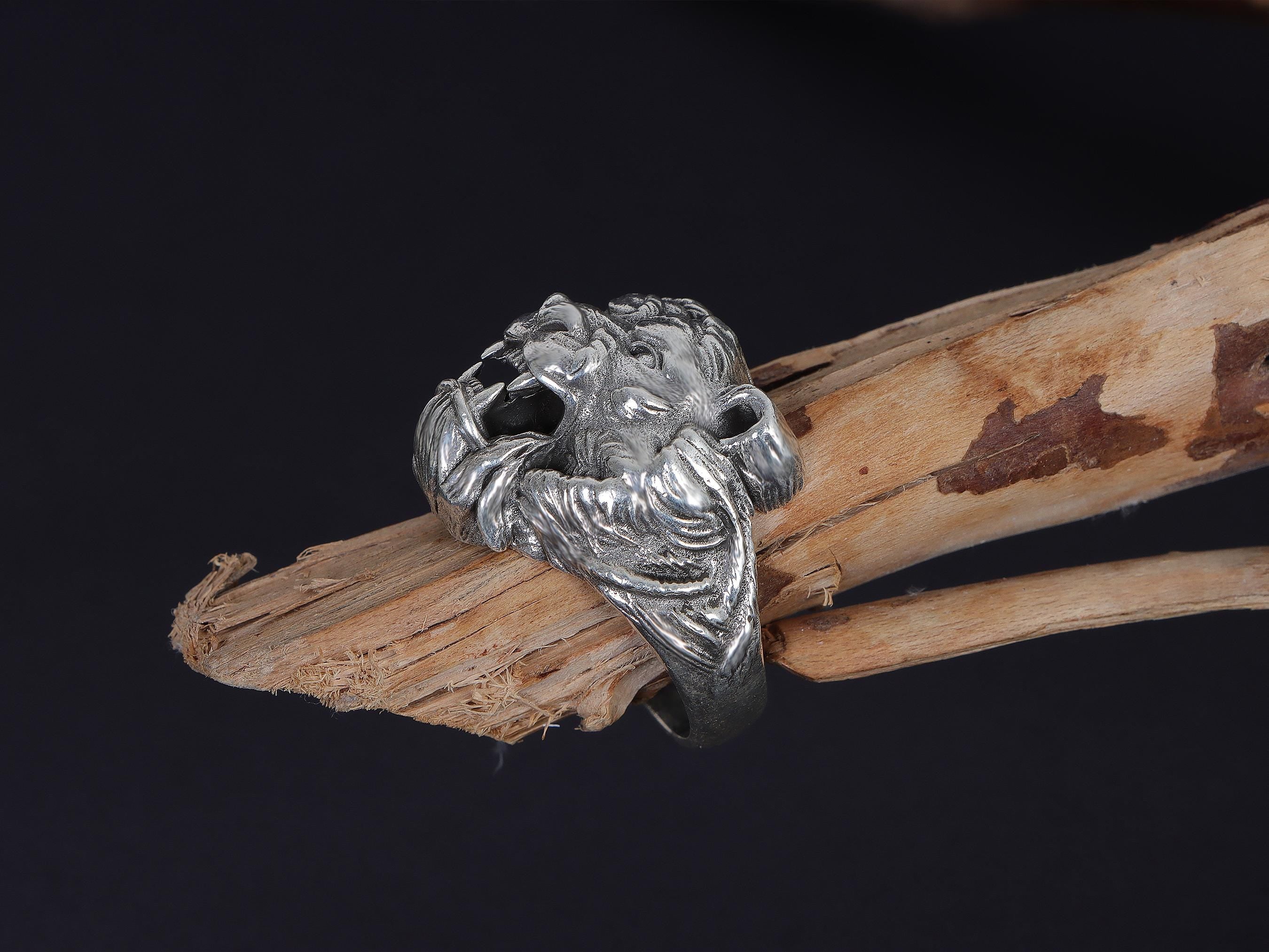 Roaring tiger head ring, sterling silver fierce statement jewelry, symbolic tiger signet band, and handcrafted bold accessory designed for those who are drawn to strength, courage, independence, and untamed energy. This striking ring features a detailed roaring tiger head motif framed within a bold statement structure, creating a look that feels wild, fearless, and deeply symbolic.