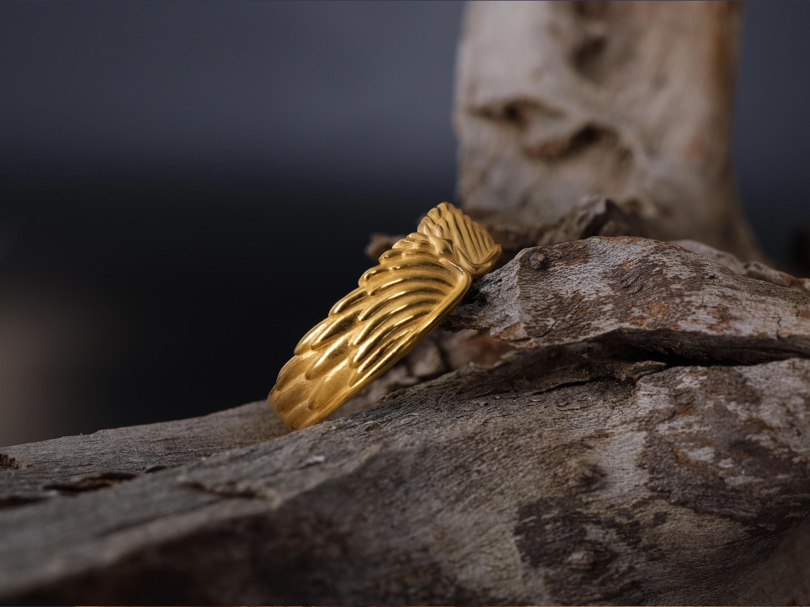 Gold Plated Sterling Silver Angel Wings Ring: Guardian Wedding Band, Religious Jewelry