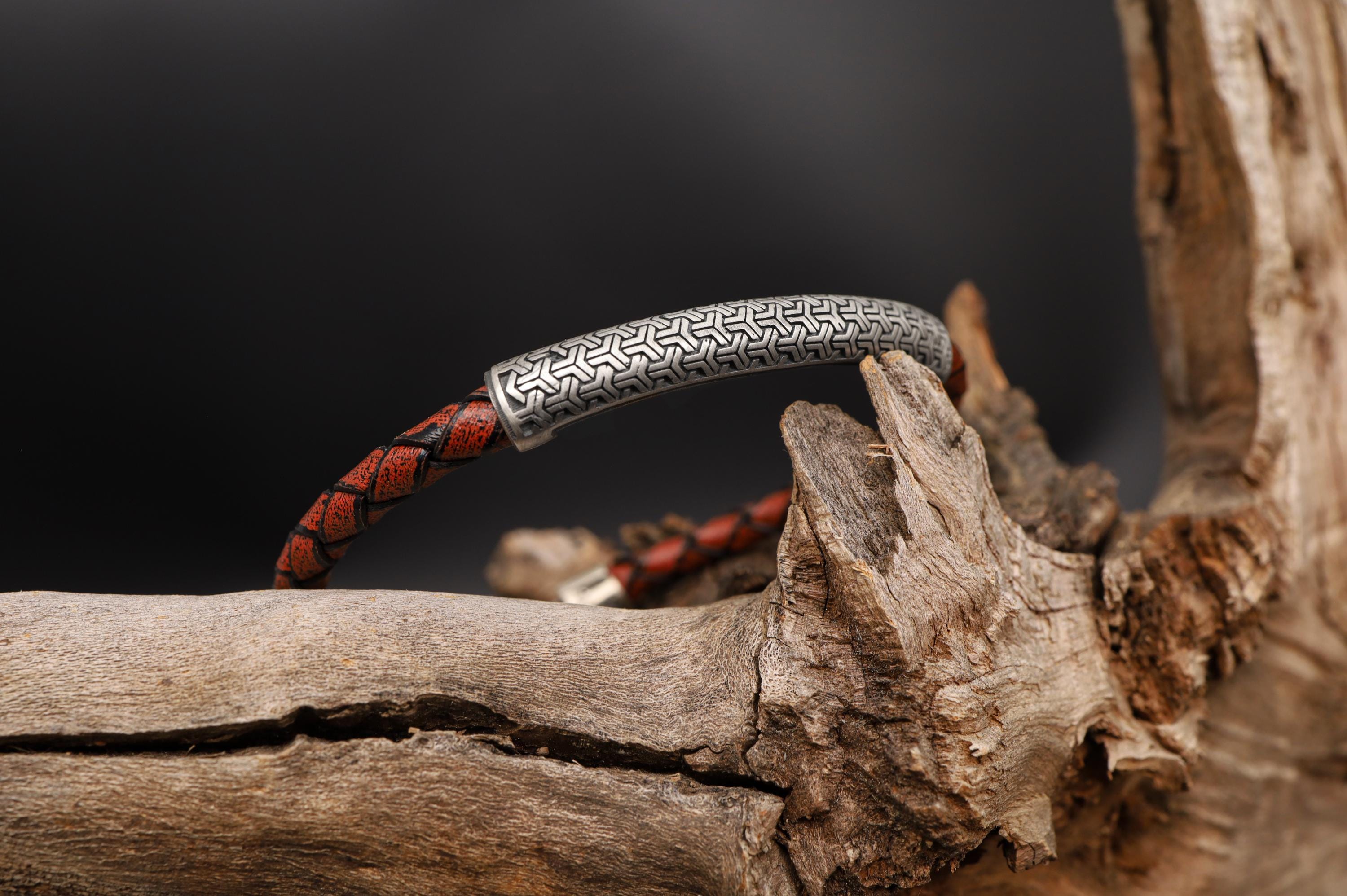 Men's Leather Bracelet with Silver Geometric Bar, Braided Brown Black Wristband, Handmade Mens Bracelet, Mens Rustic Jewelry Gift