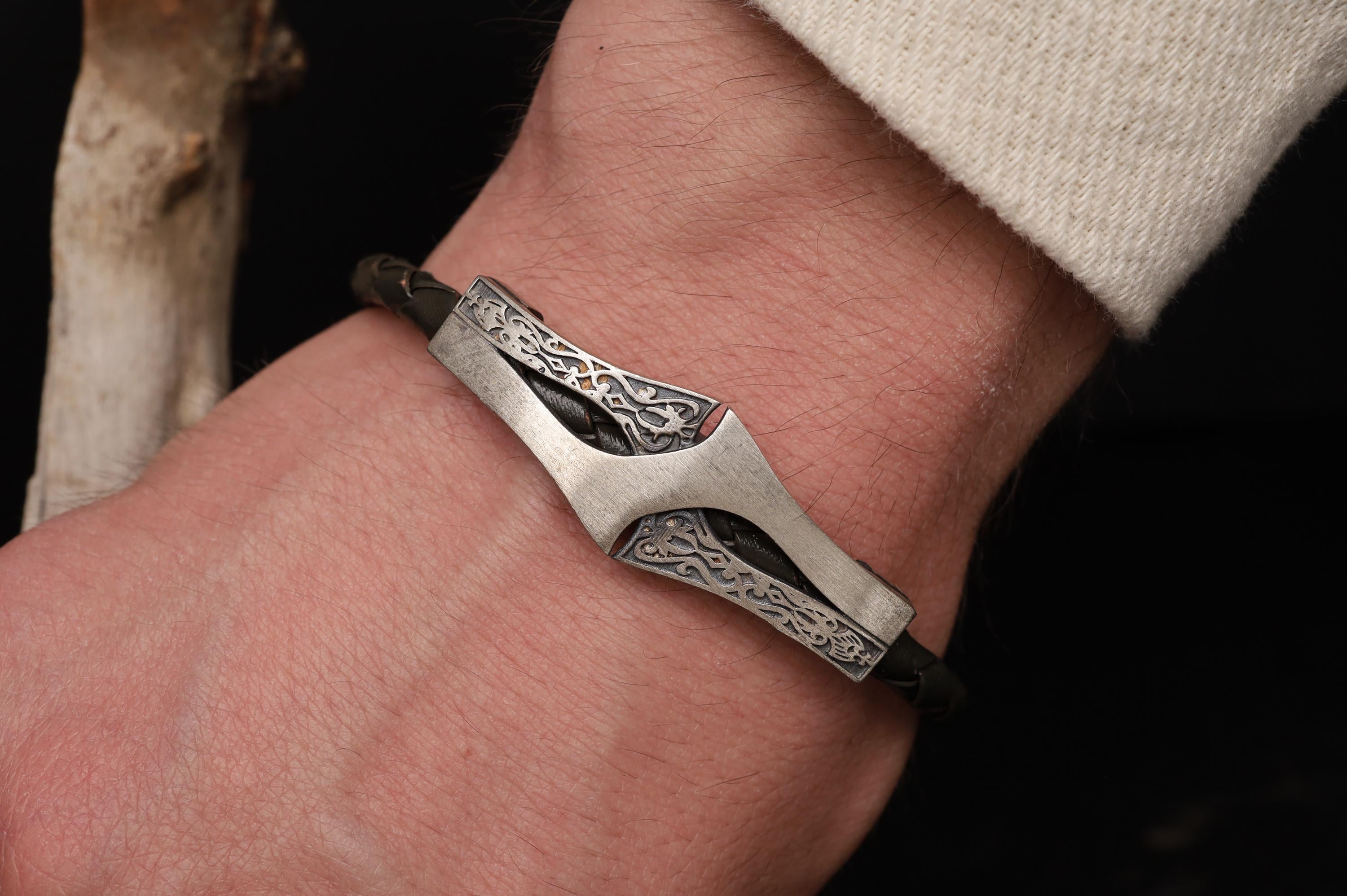 Engraved Metal Cuff with Celtic Design Bracelet, Silver and Leather Bracelet for Men, Handmade Men's Jewelry, Unique Men’s Bracelet