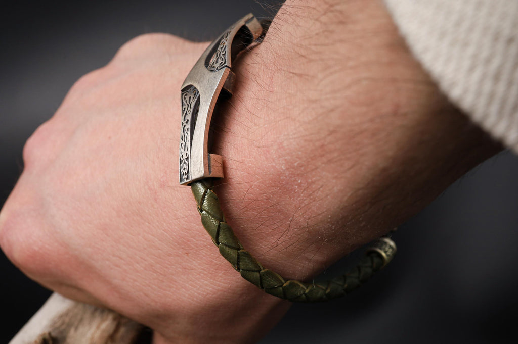 Engraved Sterling Silver Celtic Leather Cuff Bracelet, Handmade