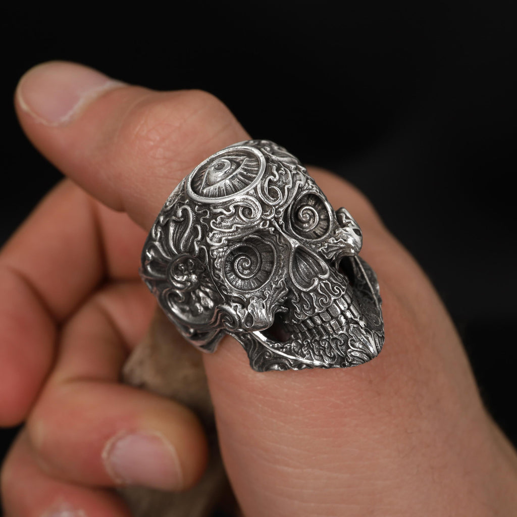 925K Sterling Silver Skull Ring: Baroque Engraved Gothic Biker Jewelry for Men