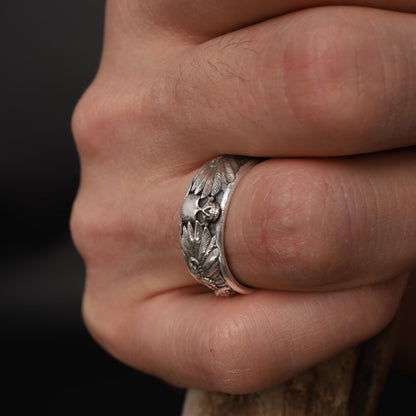 Handmade Raven Skull Ring: 925 Sterling Silver Gothic Mens Band, Viking Style Jewelry
