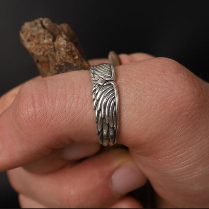 Sterling Silver Wings Band Ring: Symbolic Angelic Unisex Statement Jewelry