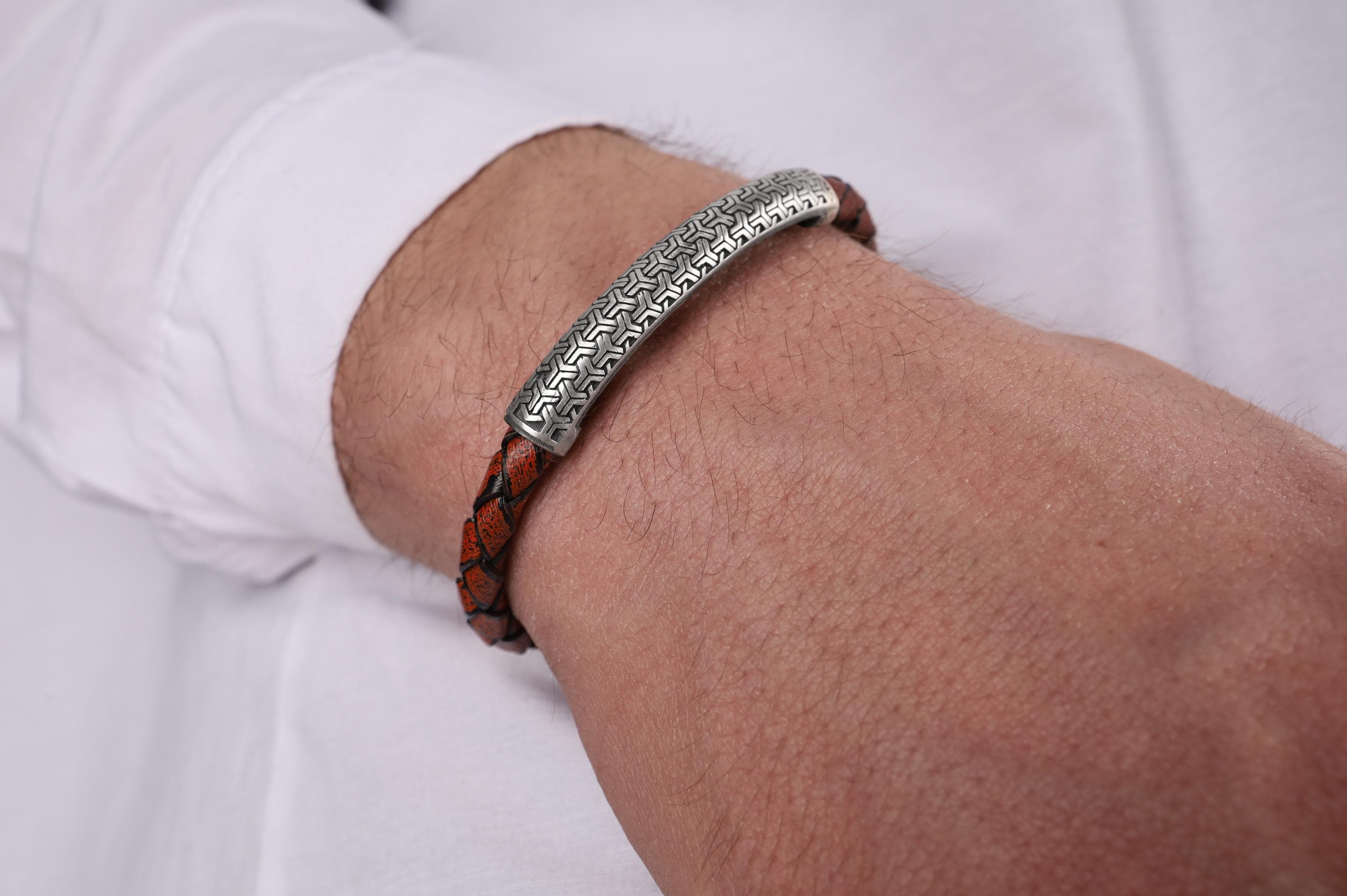 Men's Leather Bracelet with Silver Geometric Bar, Braided Brown Black Wristband, Handmade Mens Bracelet, Mens Rustic Jewelry Gift