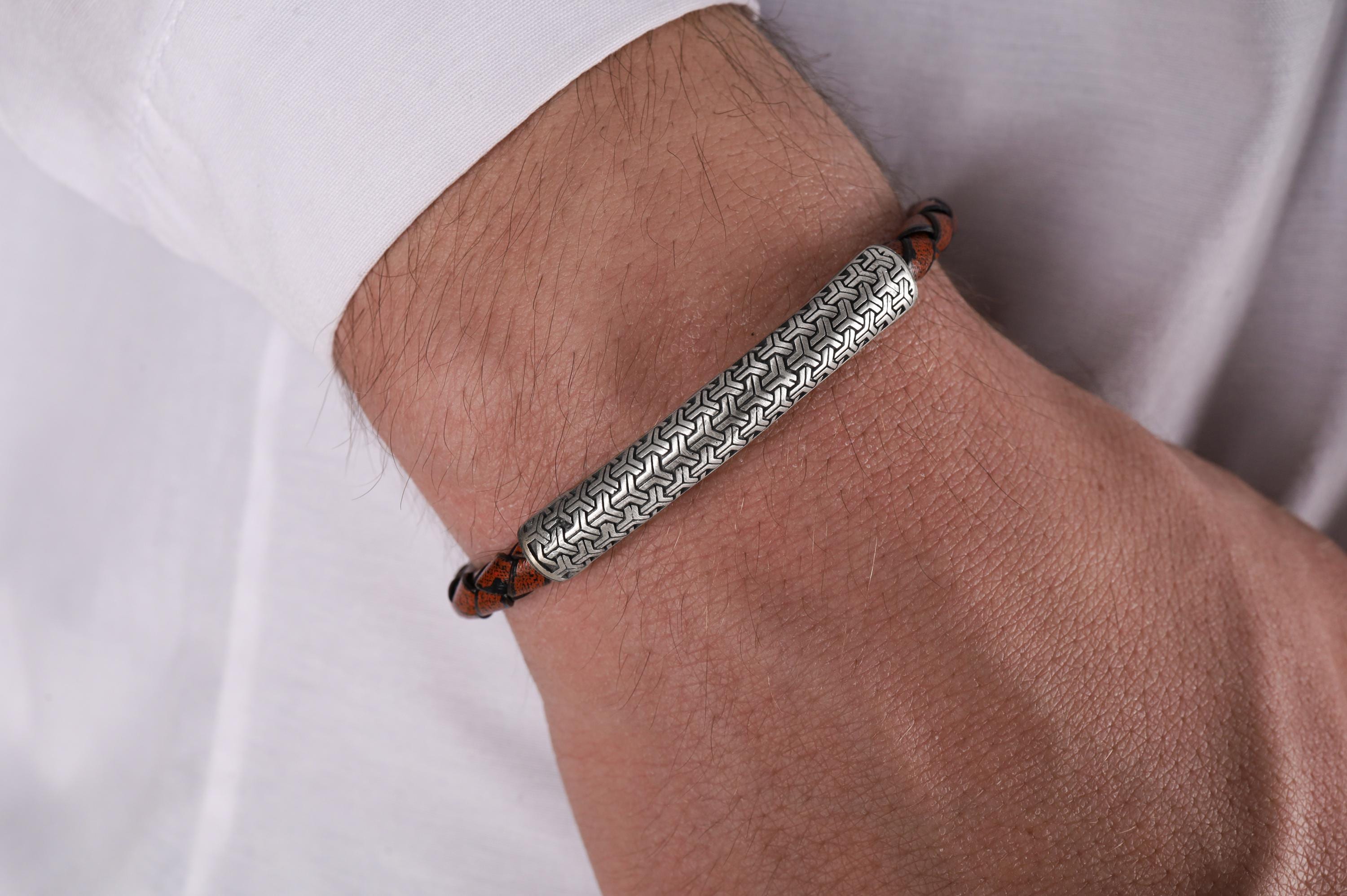 Men's Leather Bracelet with Silver Geometric Bar, Braided Brown Black Wristband, Handmade Mens Bracelet, Mens Rustic Jewelry Gift
