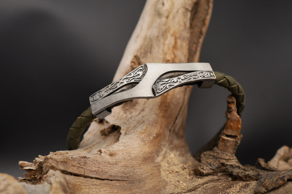 Engraved Sterling Silver Celtic Leather Cuff Bracelet, Handmade