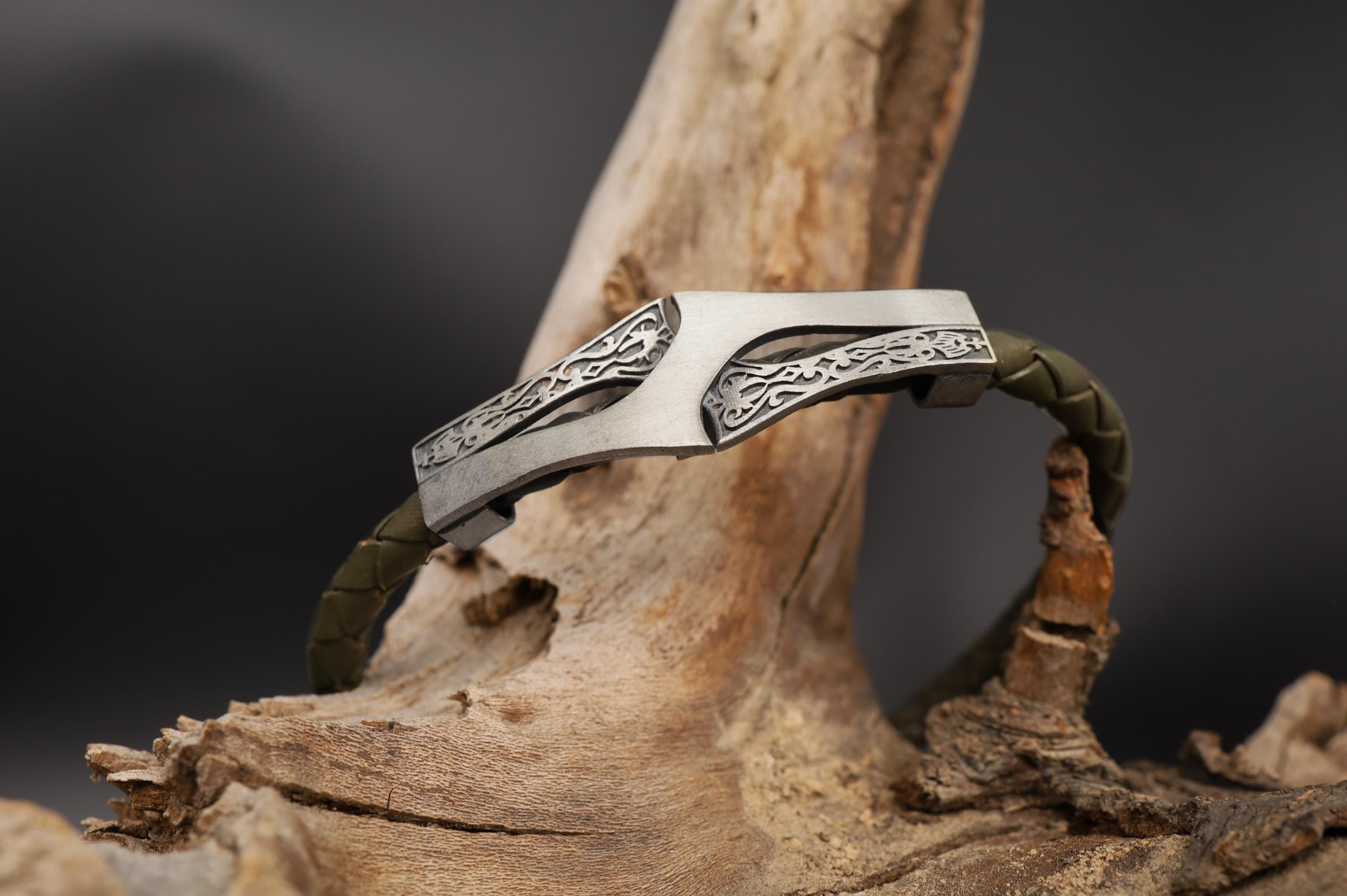 Engraved Sterling Silver Celtic Leather Cuff Bracelet, Handmade