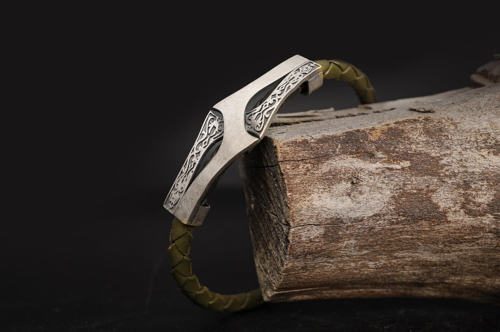 Engraved Sterling Silver Celtic Leather Cuff Bracelet, Handmade