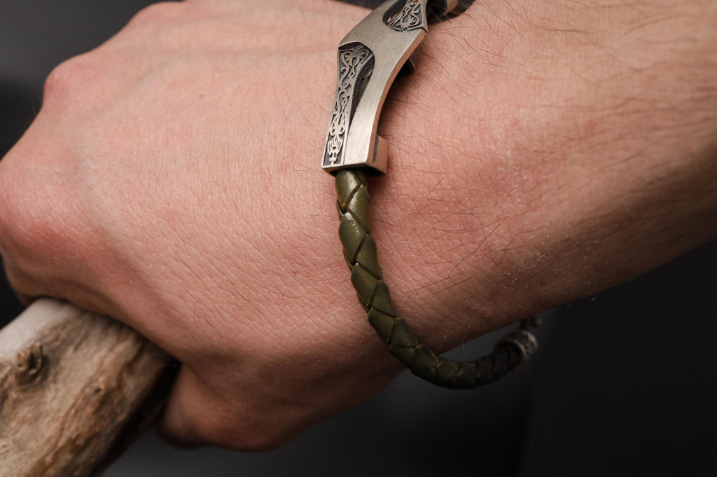 Engraved Sterling Silver Celtic Leather Cuff Bracelet, Handmade