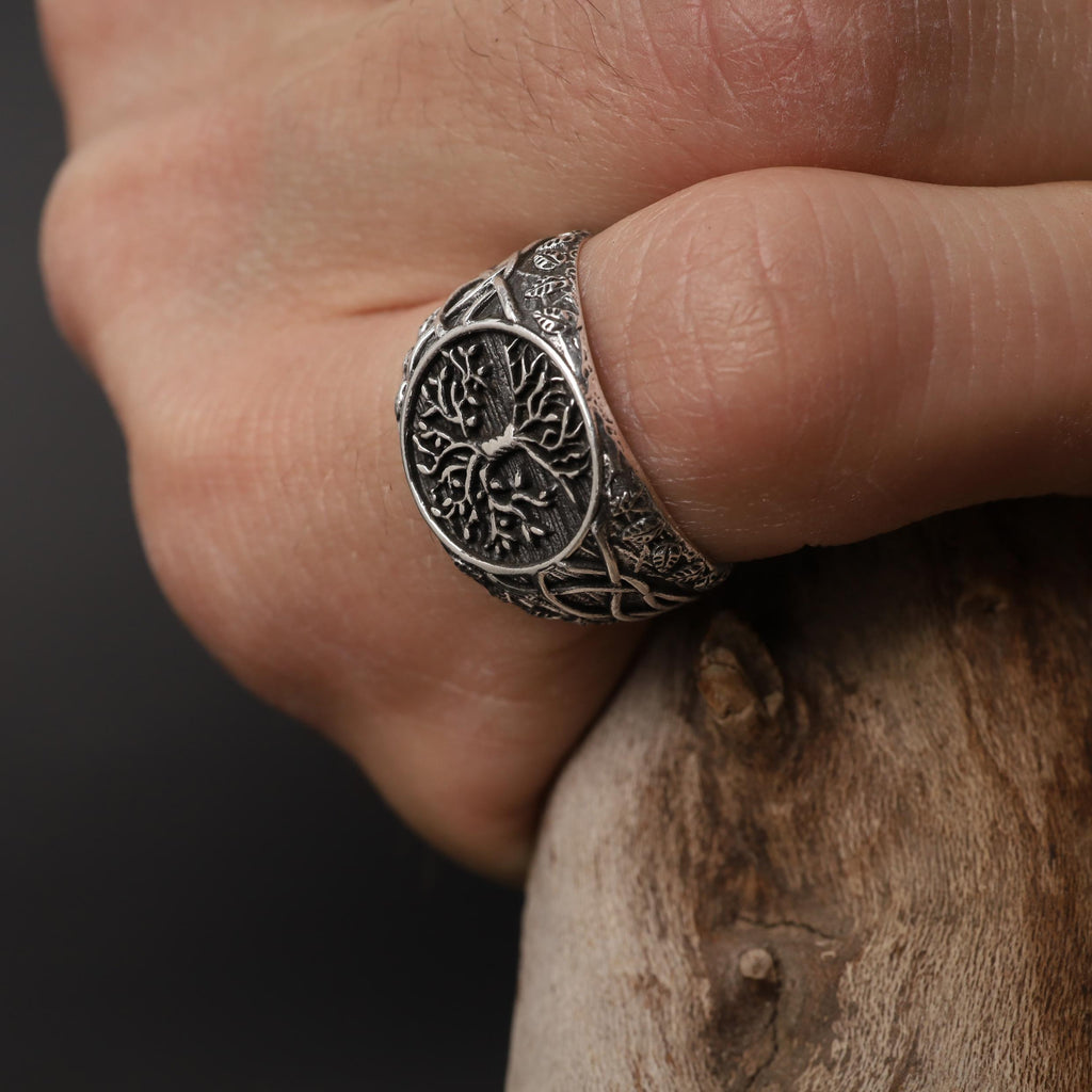Mens Yggdrasil Ring: Sterling Silver Tree of Life Norse Band, Celtic Symbolism