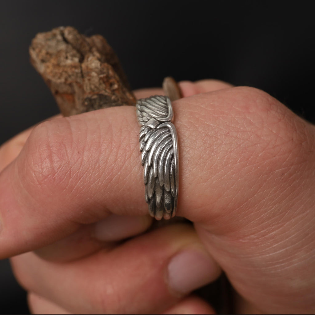 Gold Plated Sterling Silver Angel Wings Ring: Guardian Wedding Band, Religious Jewelry